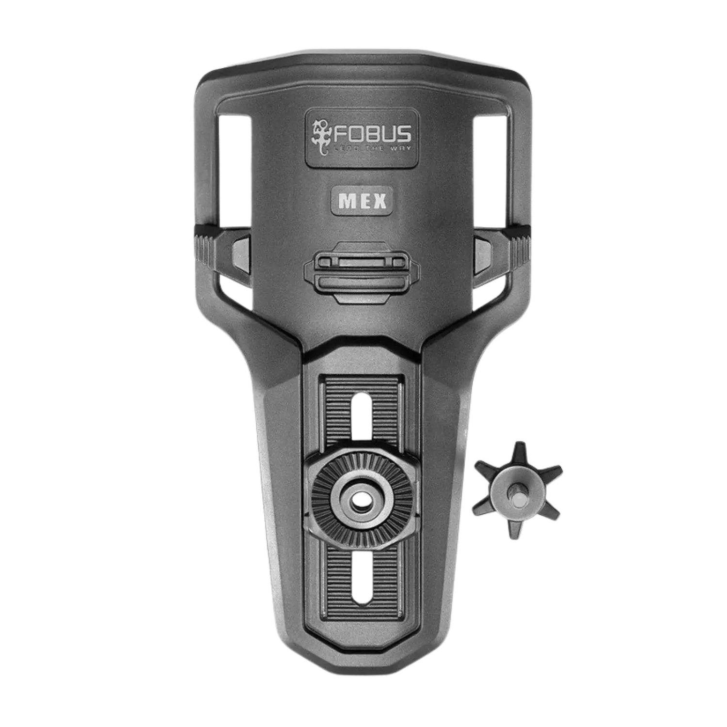 Fobus Paddle Holster 320S ND RT Schwarzer Forbus Holster mit rechteckigem Rahmen, Riemenschlaufen, zentralem Einstellrad und separatem sechszackigem Befestigungsstern.