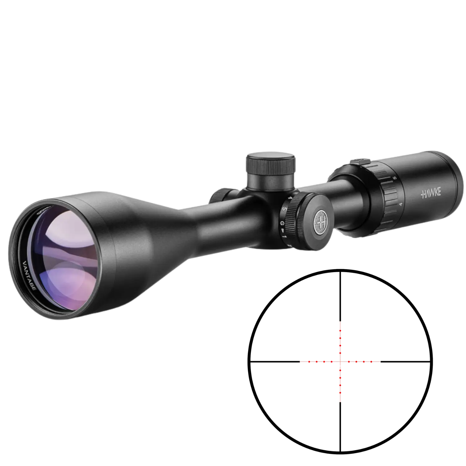 Schwarzes Zielfernrohr mit verstellbaren Ringen und beleuchtetem Fadenkreuz, Marke Hawke, mit Nahaufnahme des Fadenkreuzes.