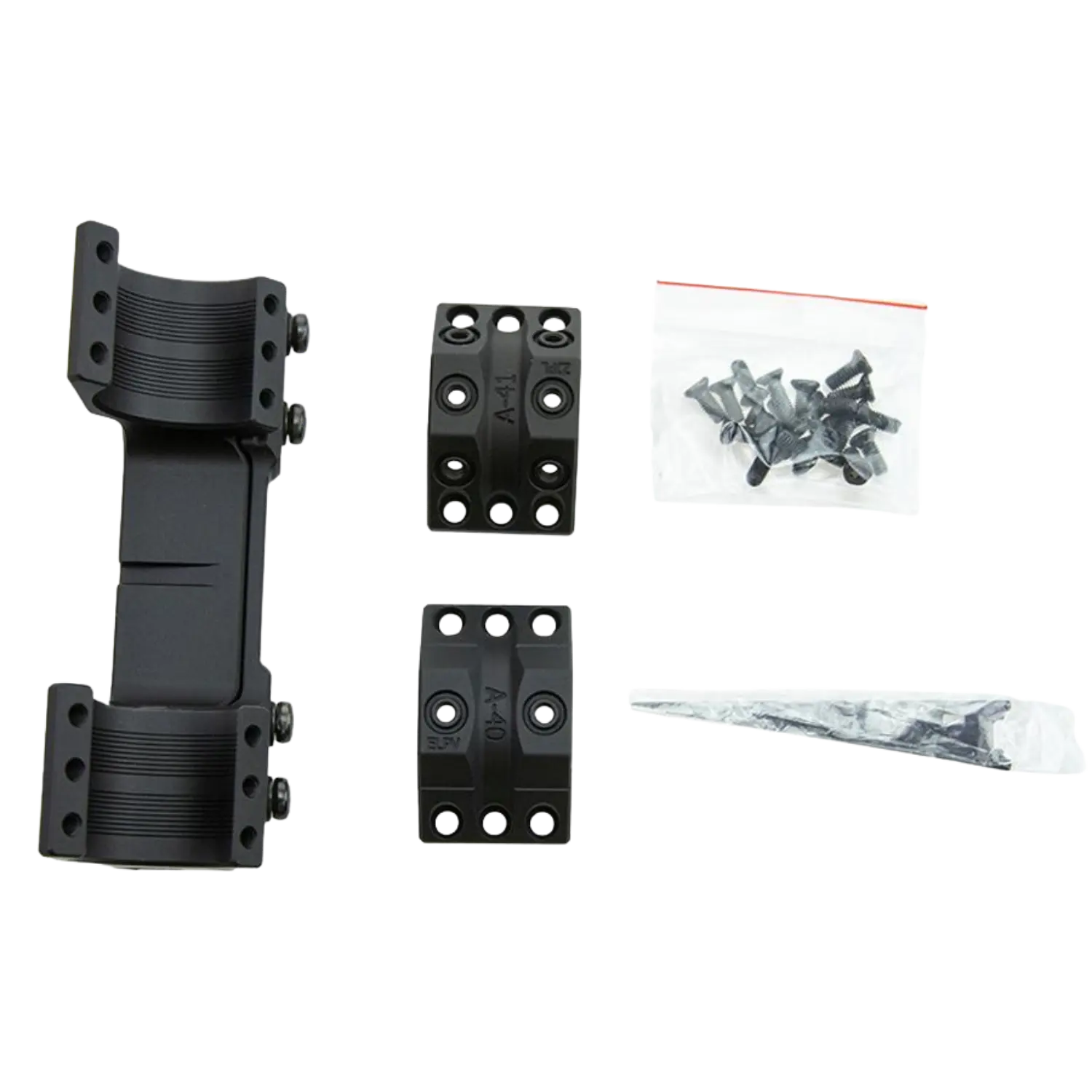 Schwarze Spuhr Blockmontage mit 34 mm Durchmesser, bestehend aus zwei Halterungen, zwei Zwischenstücken mit Beschriftung 'A-41' und 'A-40', Schrauben in Plastiktüten.
