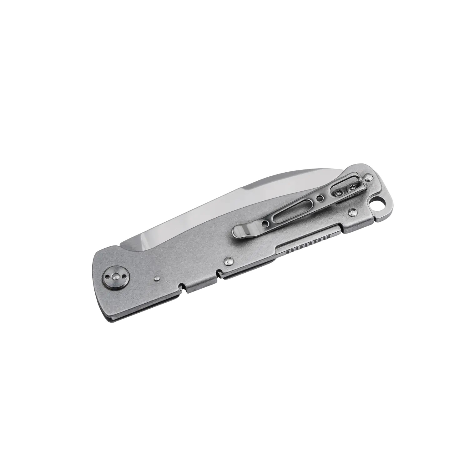 Geschlossenes Taschenmesser Böker Plus Atlas mit grauem Griff und Clip aus Metall.