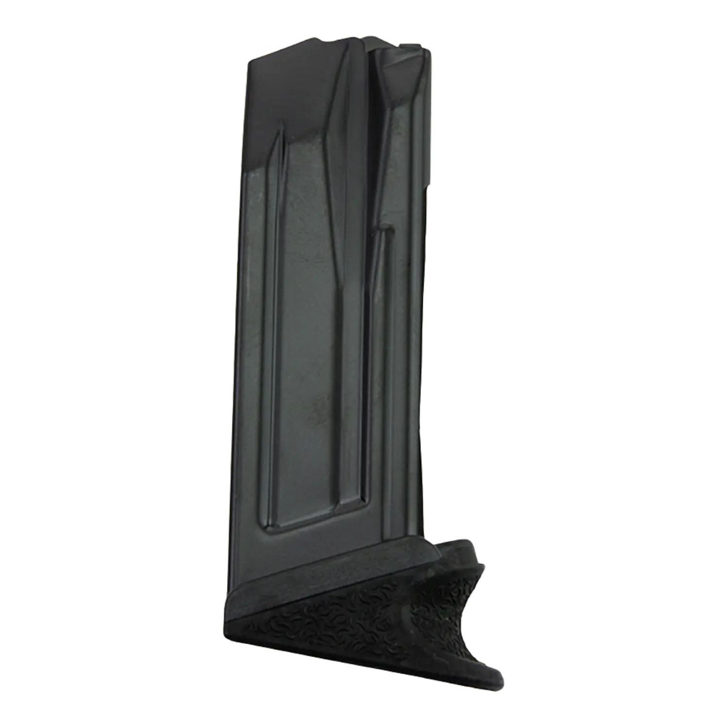 H&K Magazin 10 Schuss für SFP9SK/P30SK Kaliber 9mm Luger Schwarzes Magazin für eine Pistole, länglich mit geriffeltem Griffstück am Boden, geeignet für zehn Schuss.