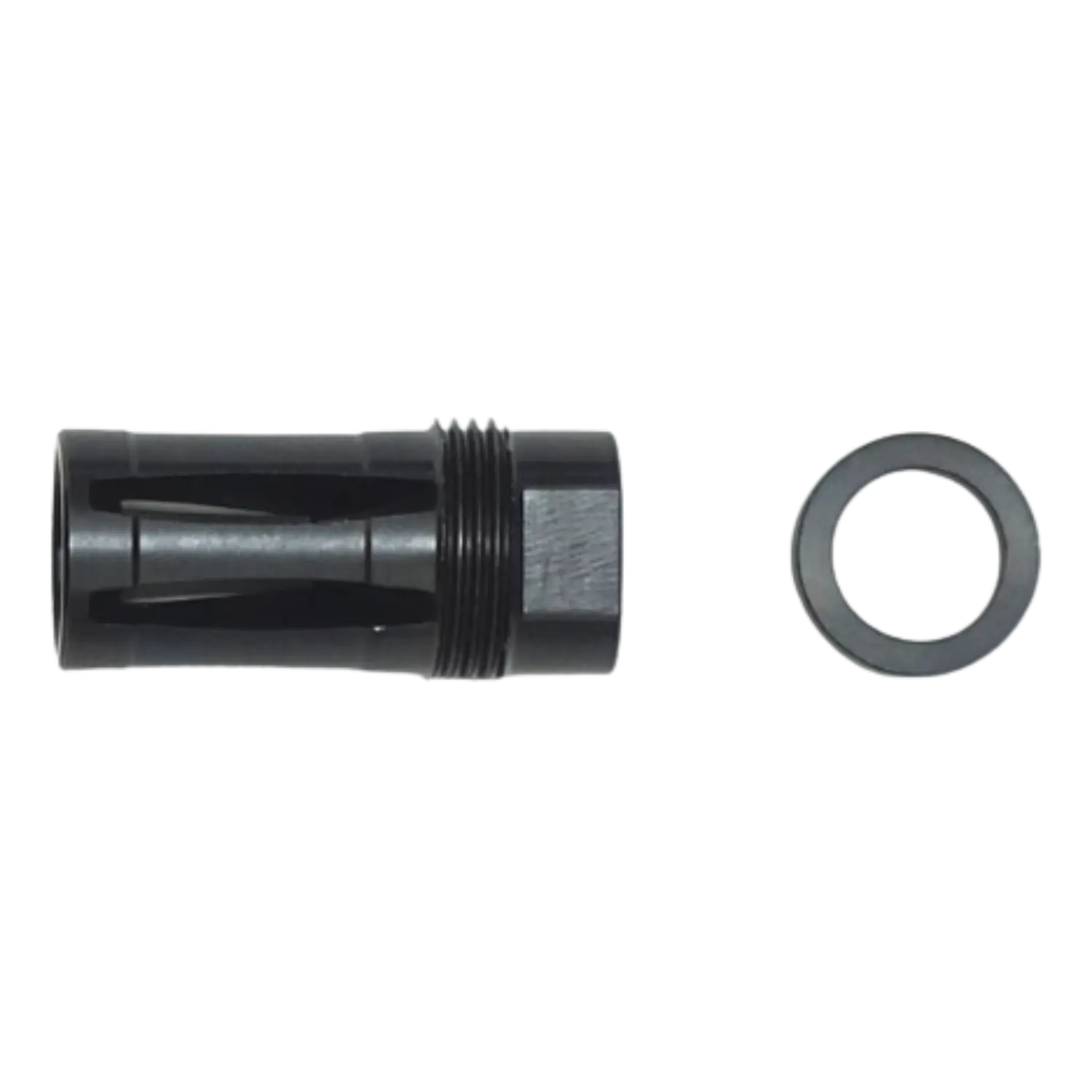 Schwarzer Mündungsfeuerdämpfer mit Gewinde und separatem Anschlagring aus Metall
