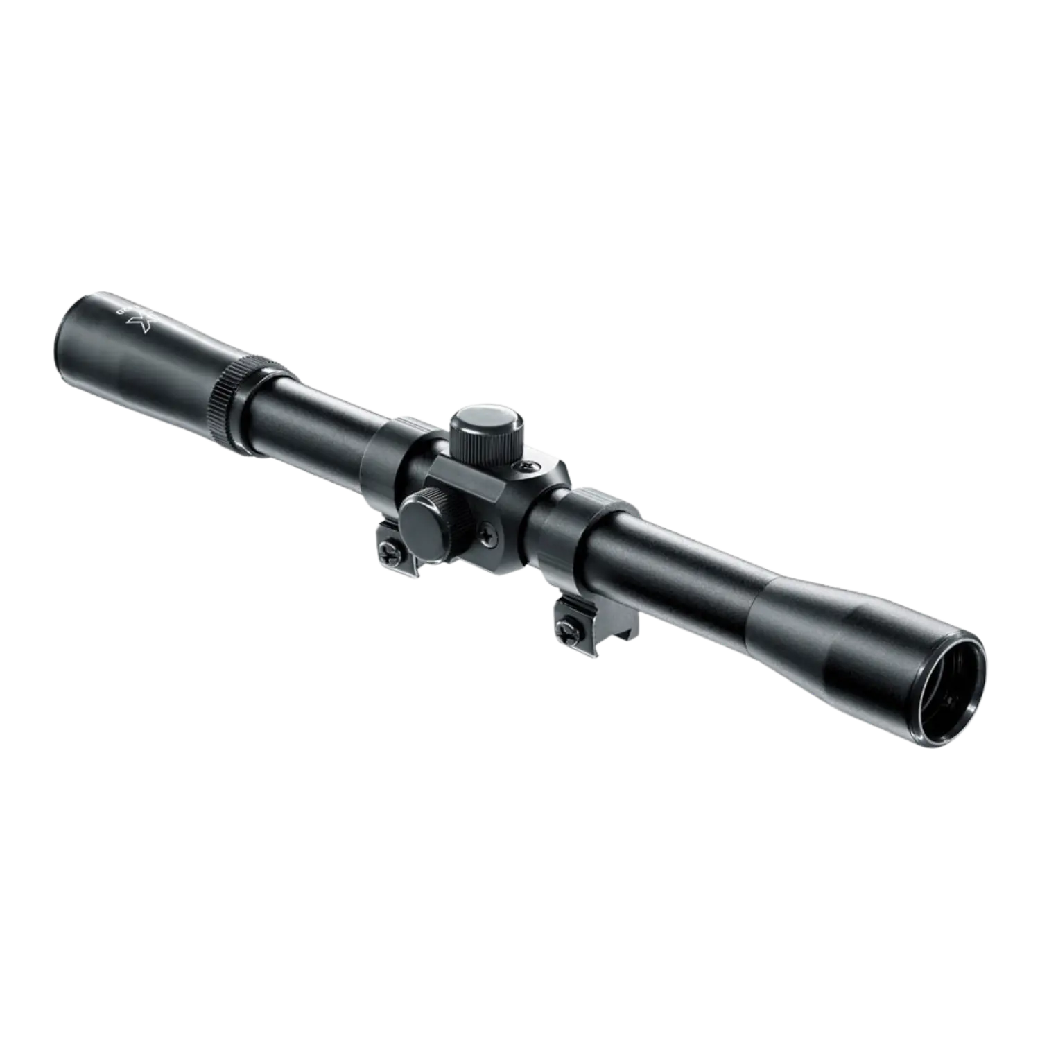 Umarex Zielfernrohr, Modell ZF4x20, schwarz, zylindrische Form, mit zwei Objektivlinsen und einem zentralen Einstellrad.