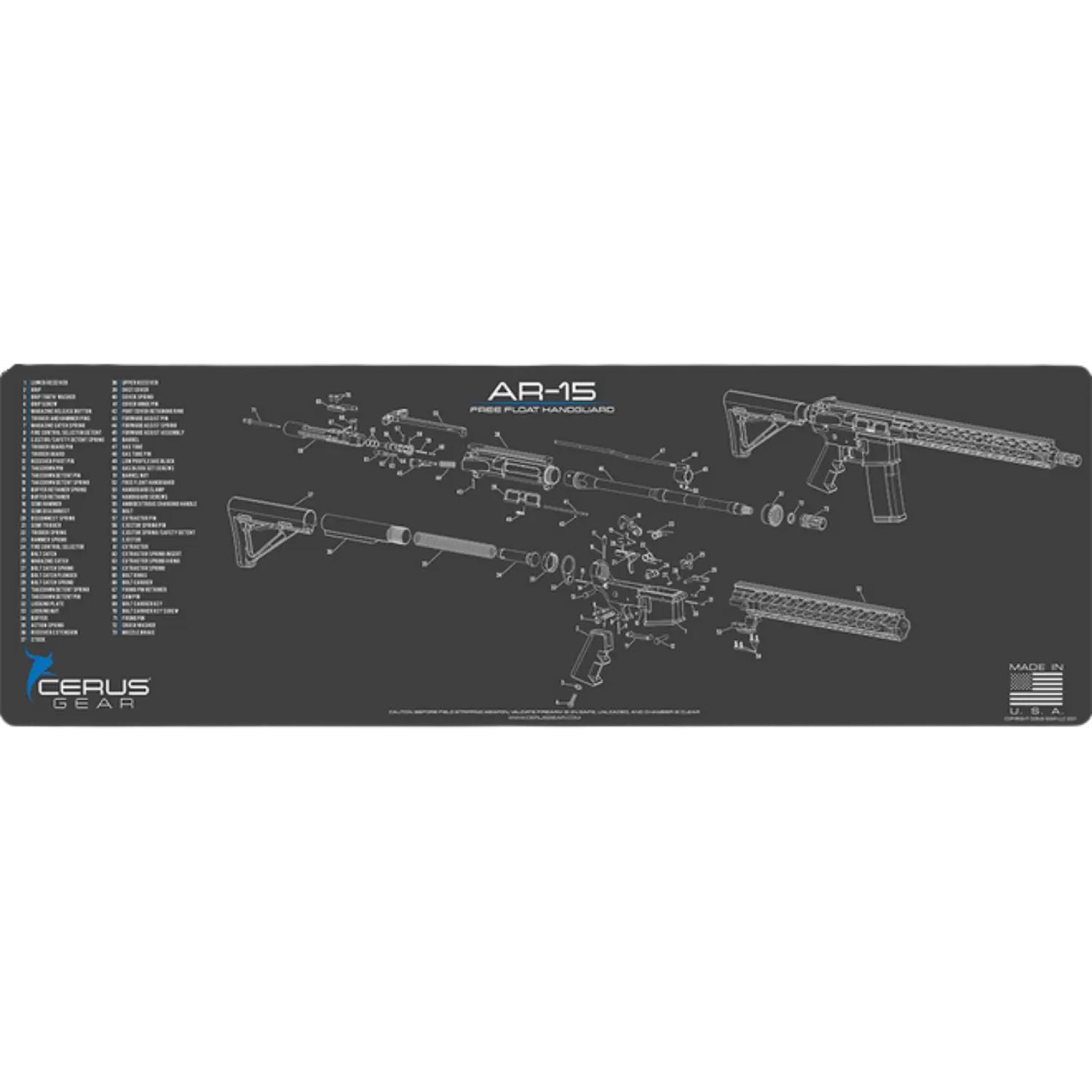 Schwarz-weiße schematische Linienzeichnung eines AR-15 mit Free Float Handguard in zerlegter Ansicht mit nummerierten Bauteilen und Legende auf der linken Seite.