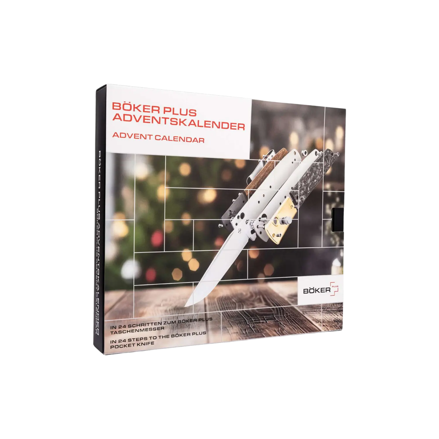 Quadratischer Adventskalender von Böker Plus mit Messerabbildung und Text 'BÖKER PLUS ADVENTSKALENDER ADVENT CALENDAR' auf der Vorderseite.