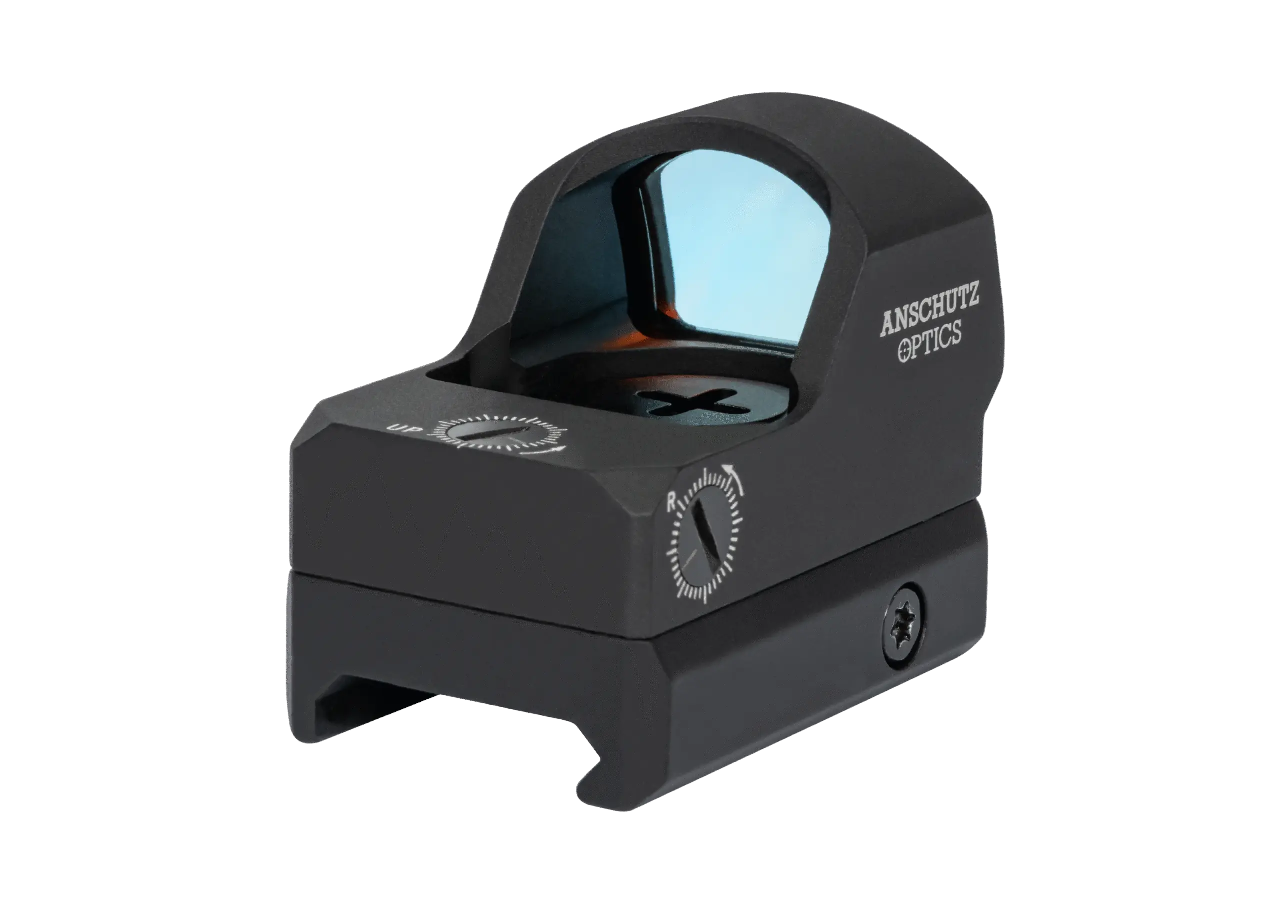 Schwarzfarbige Zieloptik von Anschütz mit einem rechteckigen Gehäuse und einem blauen Reflexglas. Sichtbare Einstellknöpfe und Markierungen.