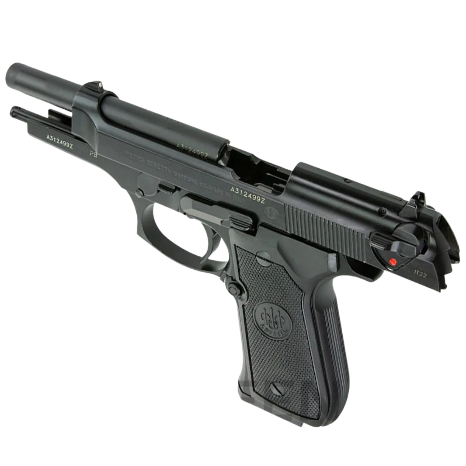 Beretta 92 FS 9mm Luger: Seitenansicht der Pistole mit schwarzem Finish und markantem Griffdesign.