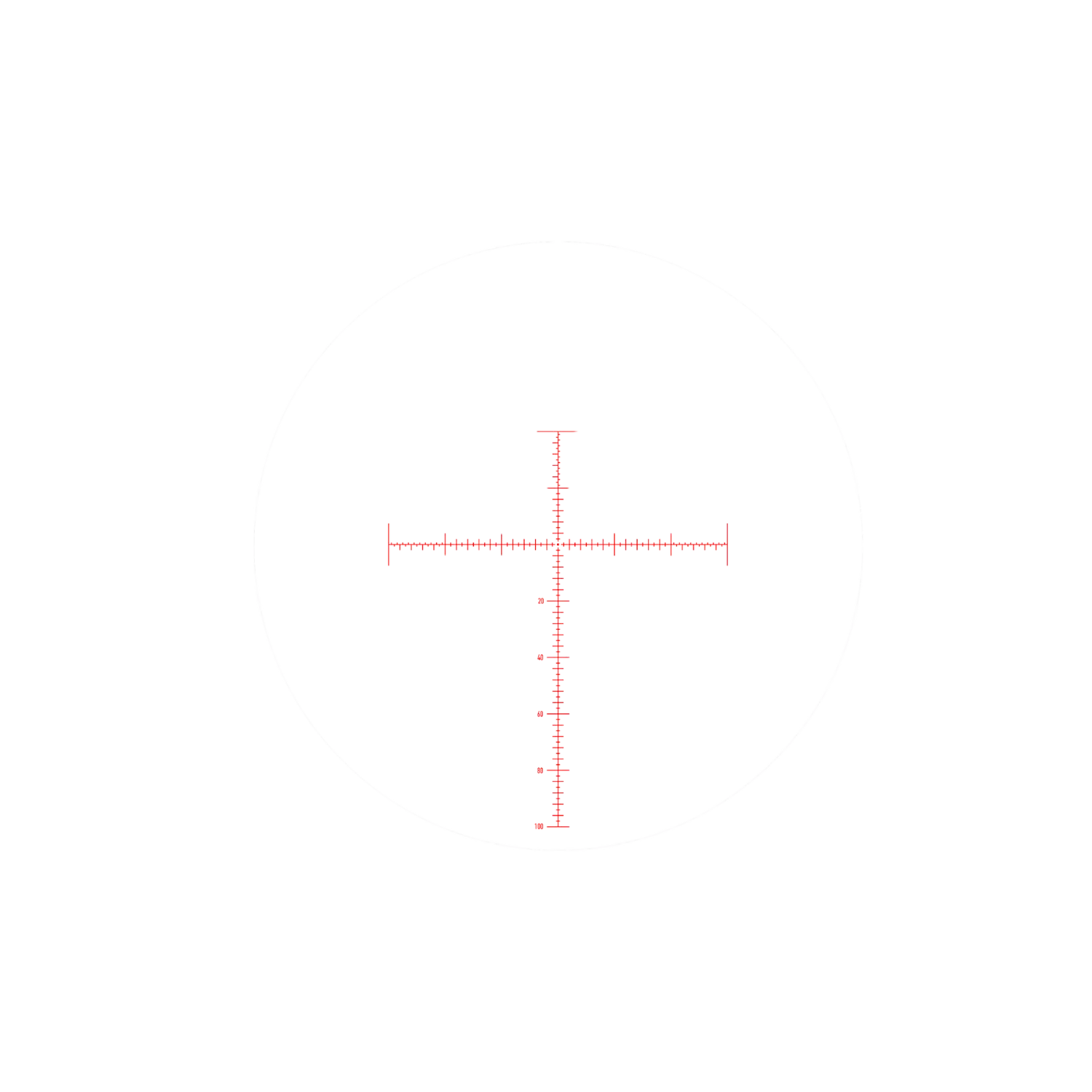 Schwarz-weiße Absehen-Darstellung mit roter MOA-Skala, bestehend aus einem Kreuz mit horizontalen und vertikalen Strichen und Zahlen.