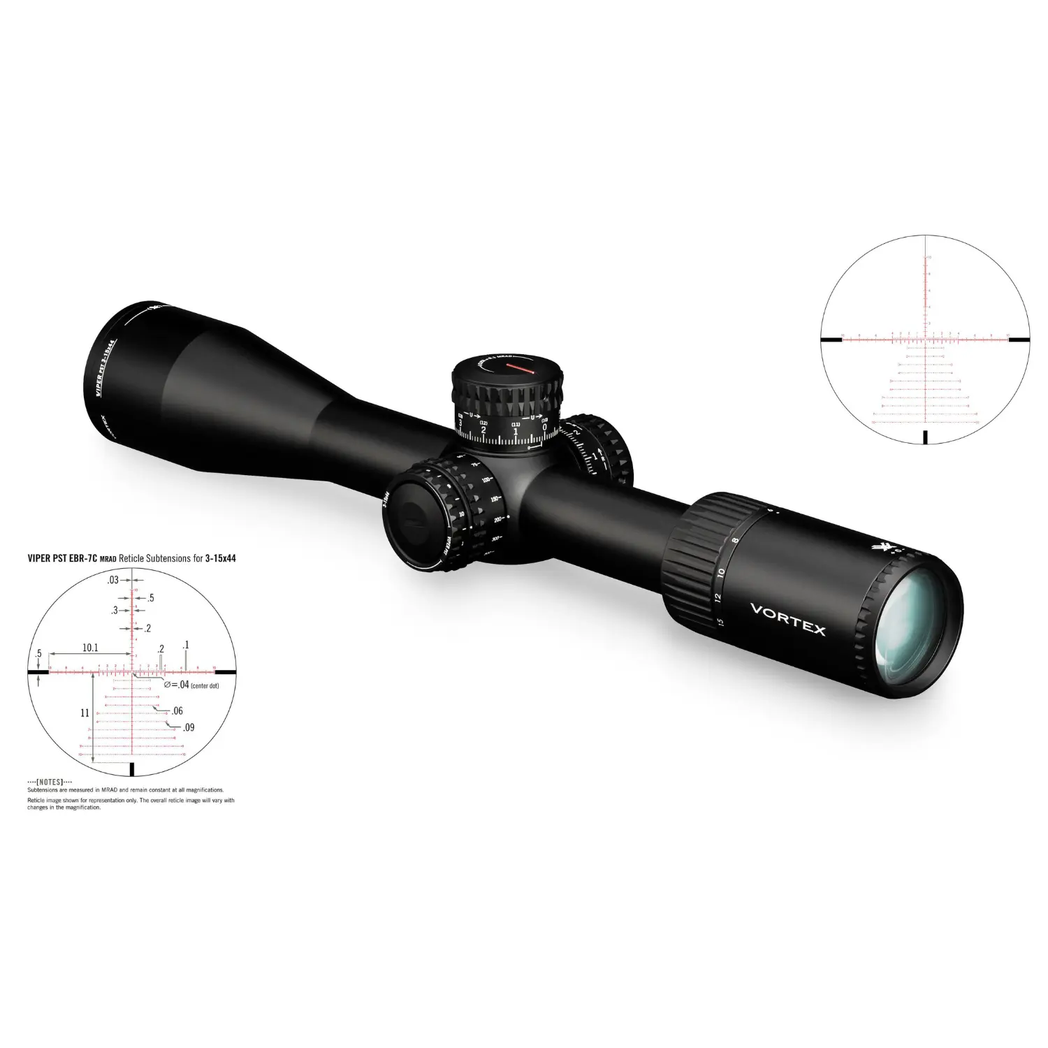 Schwarzes Zielfernrohr Vortex Viper PST 3-15x44 MRAD FFP EBR-7C mit verstellbaren Türmen und zwei vergrößerten Ansichten des Absehen mit Maßangaben.