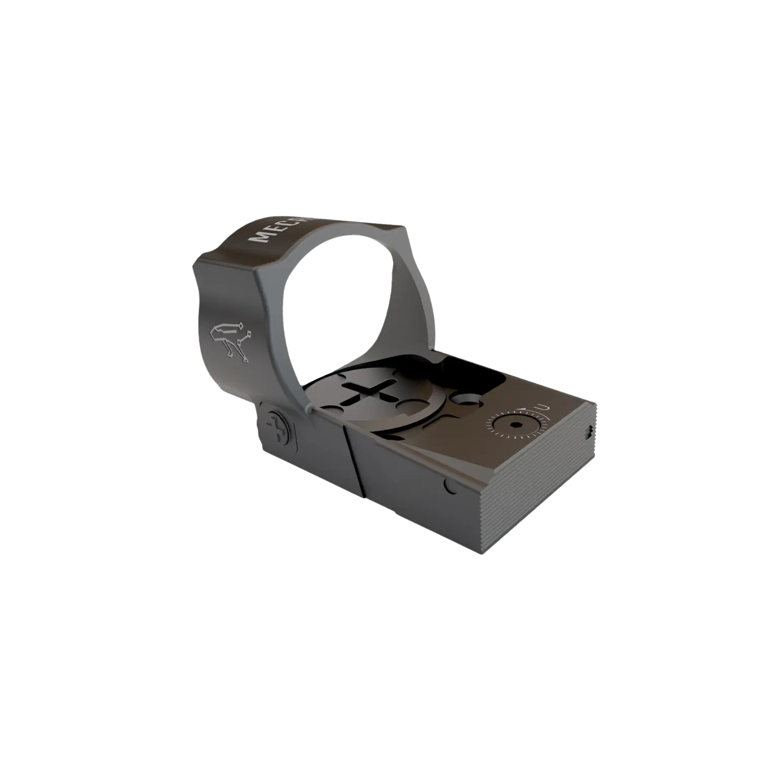 MECANIK MO3 Reflex Sight mit 6 MOA Schwarzes Mecanik MO3 Red Dot Zielgerät mit runder Halterung und rechteckigem Gehäuse, seitlich mit Logo.