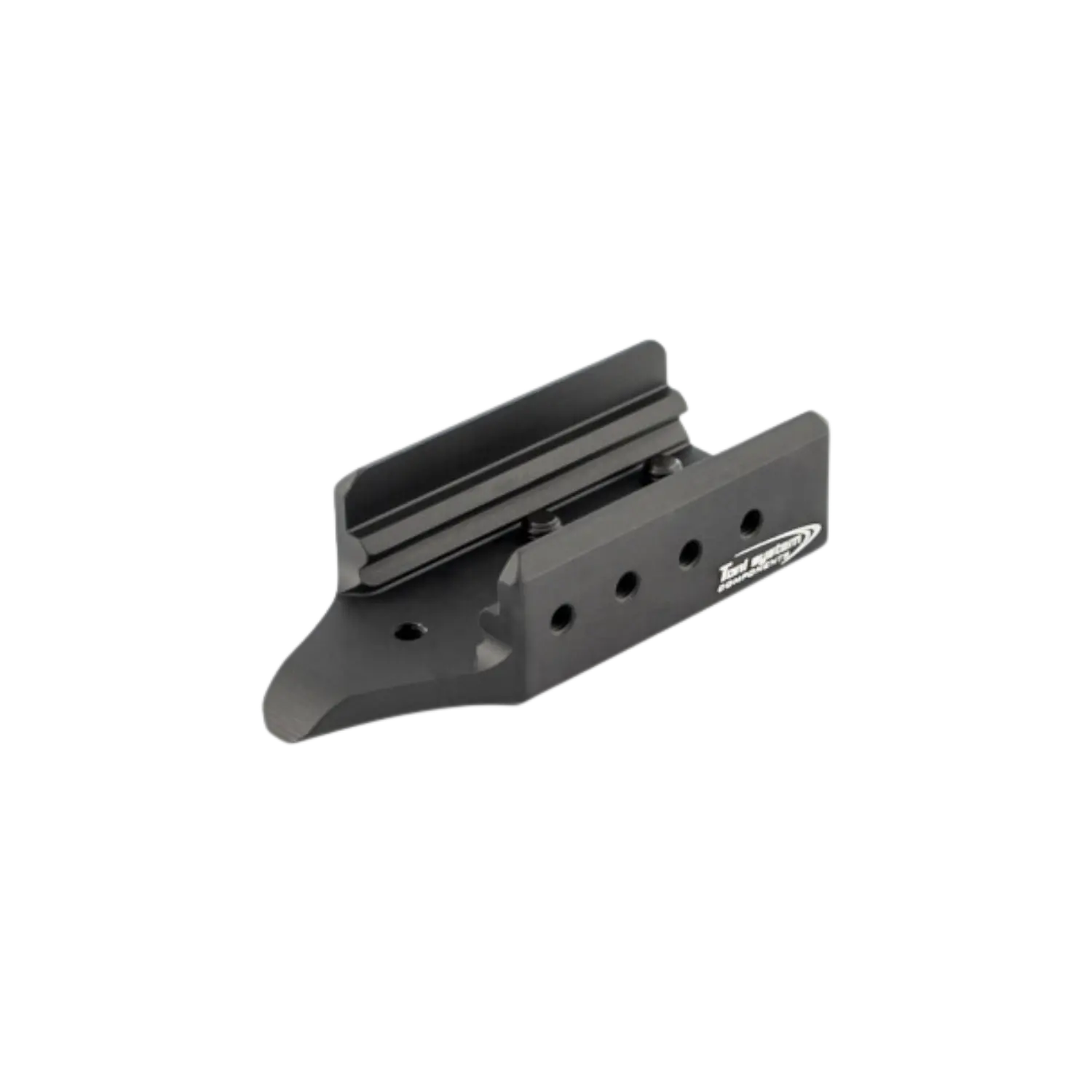 Toni System Aluminium Laufgewicht für CZ Shadow SP-01 Schwarzes Metallmontageelement mit mehreren Bohrungen und einer Schiene, beschriftet mit 'Laufgewicht'.