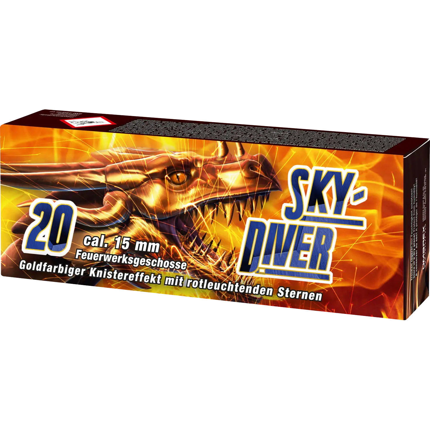 Verpackung mit feuerspeiendem Drachenmotiv, Schriftzug 'SKY-DIVER', Angabe '20 cal. 15 mm Feuerwerksgeschosse', Beschreibung goldfarbiger Knistereffekt mit rotleuchtenden Sternen.