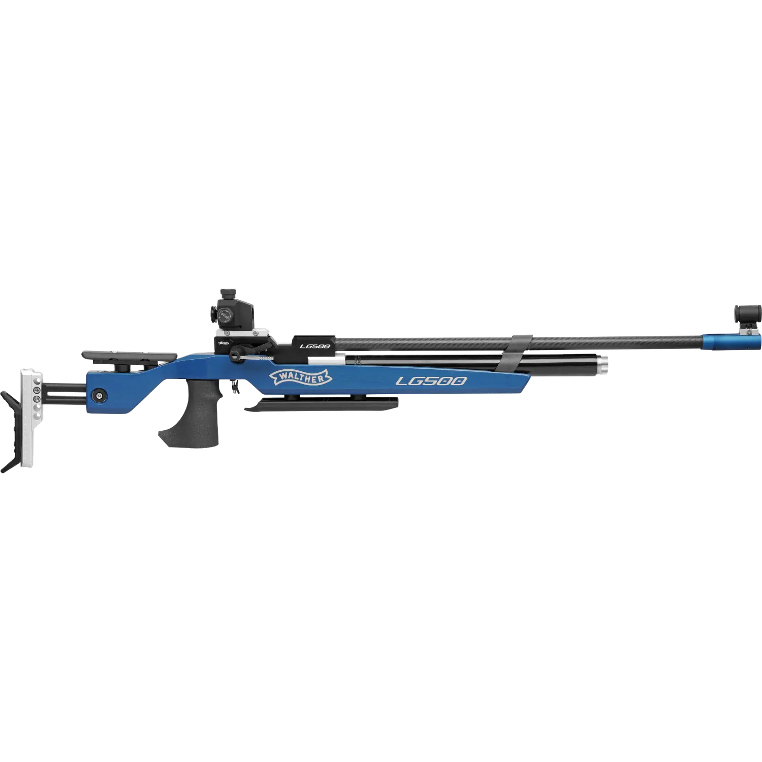 Walther LG500 Ergotec Luftgewehr mit blauem Schaft, verstellbarem Schaftkamm und Visier, rechtszeigend.