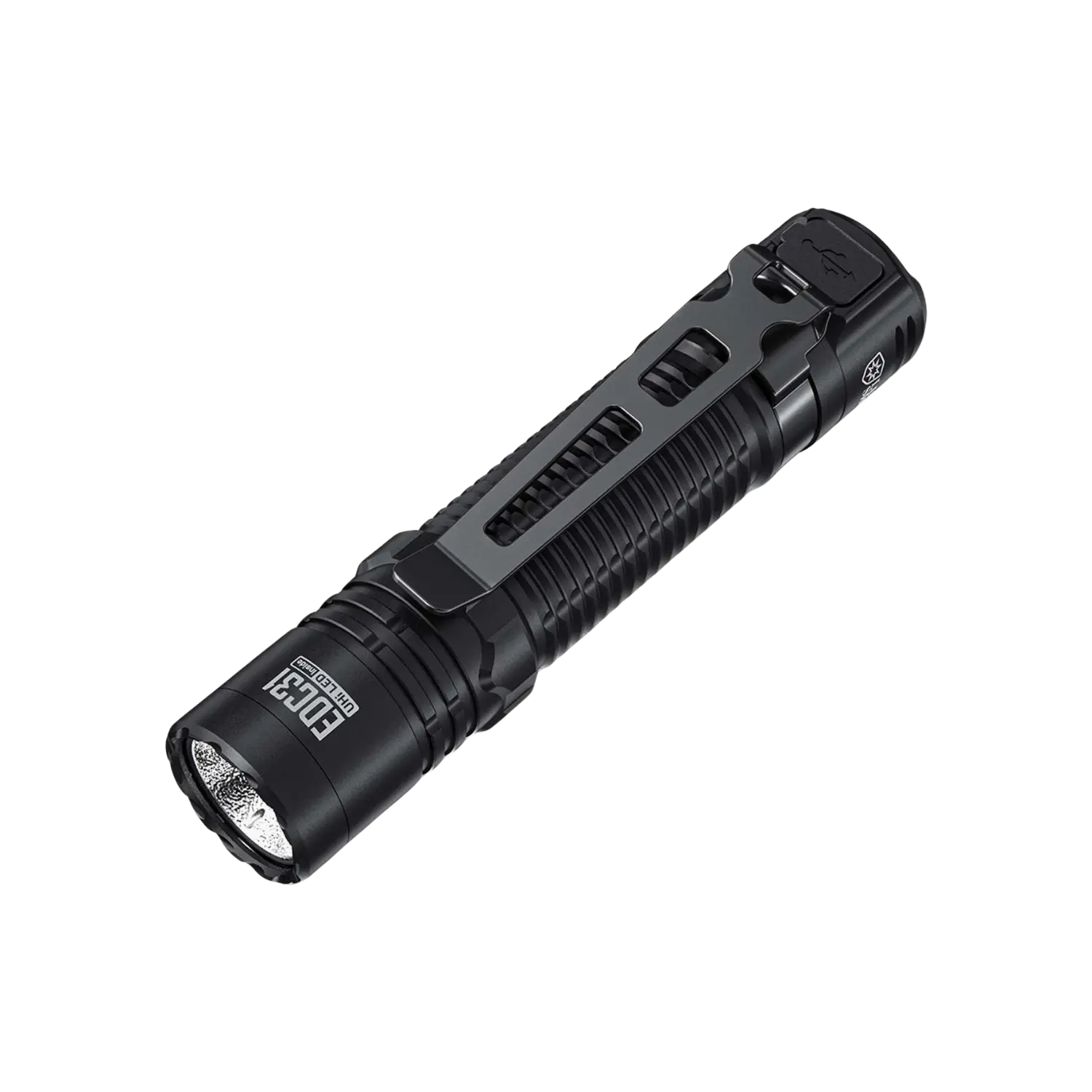 Schwarze Taschenlampe mit Clip und USB-Ladeanschluss, Modell EDC31