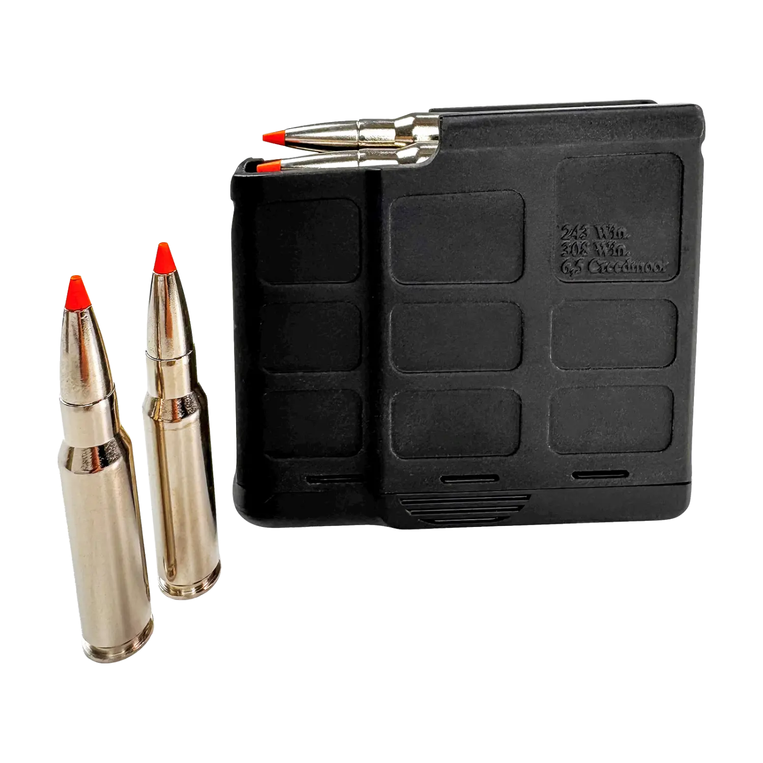 Schwarzes Haenel LR/ONE 10-Schuss Magazin mit zwei danebenstehenden Patronen mit roten Spitzen.