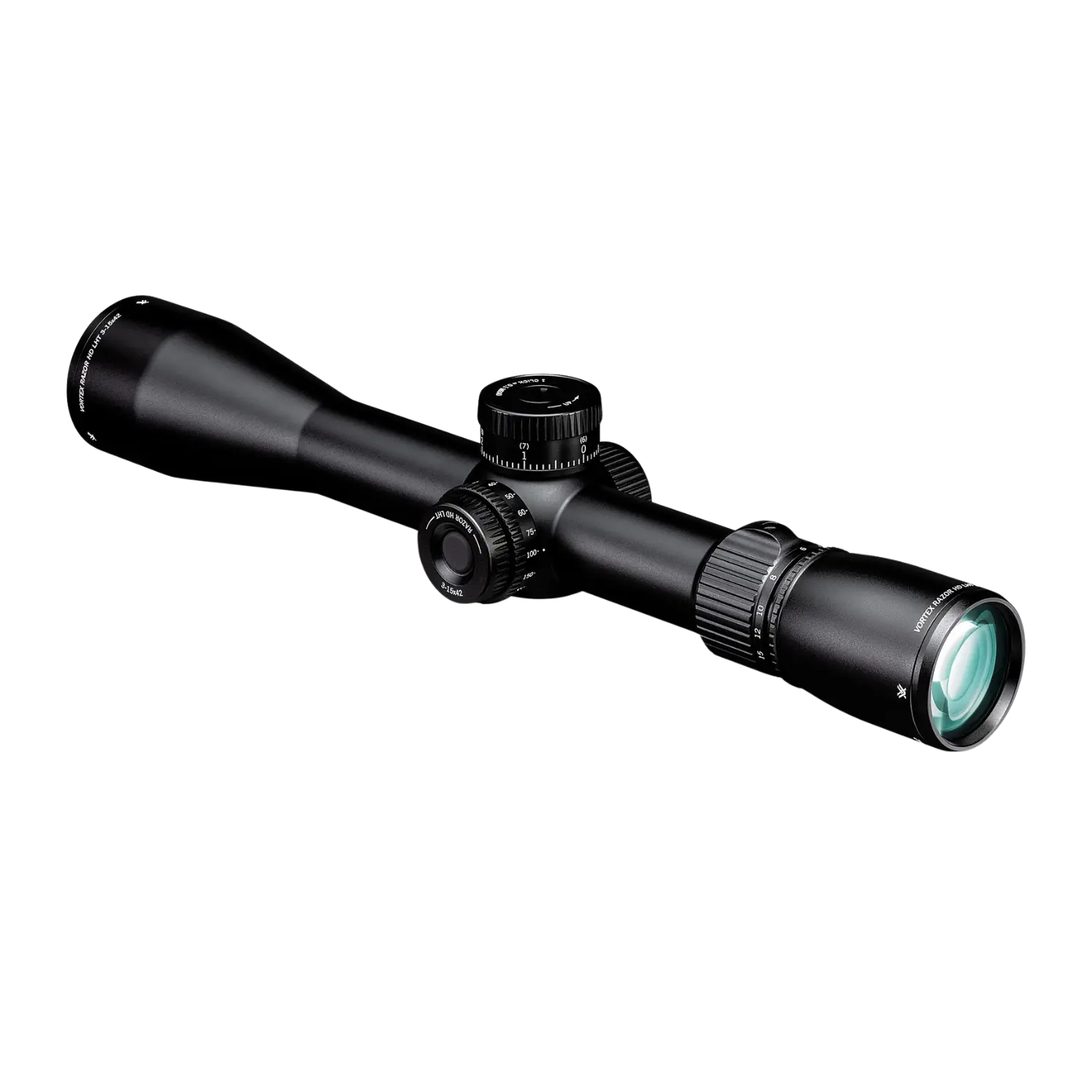 Vortex Razor LHT 3-15x42 SFP HSR-5i MRAD, schwarzes Zielfernrohr mit zwei Verstellrädern und einem großen Okular.
