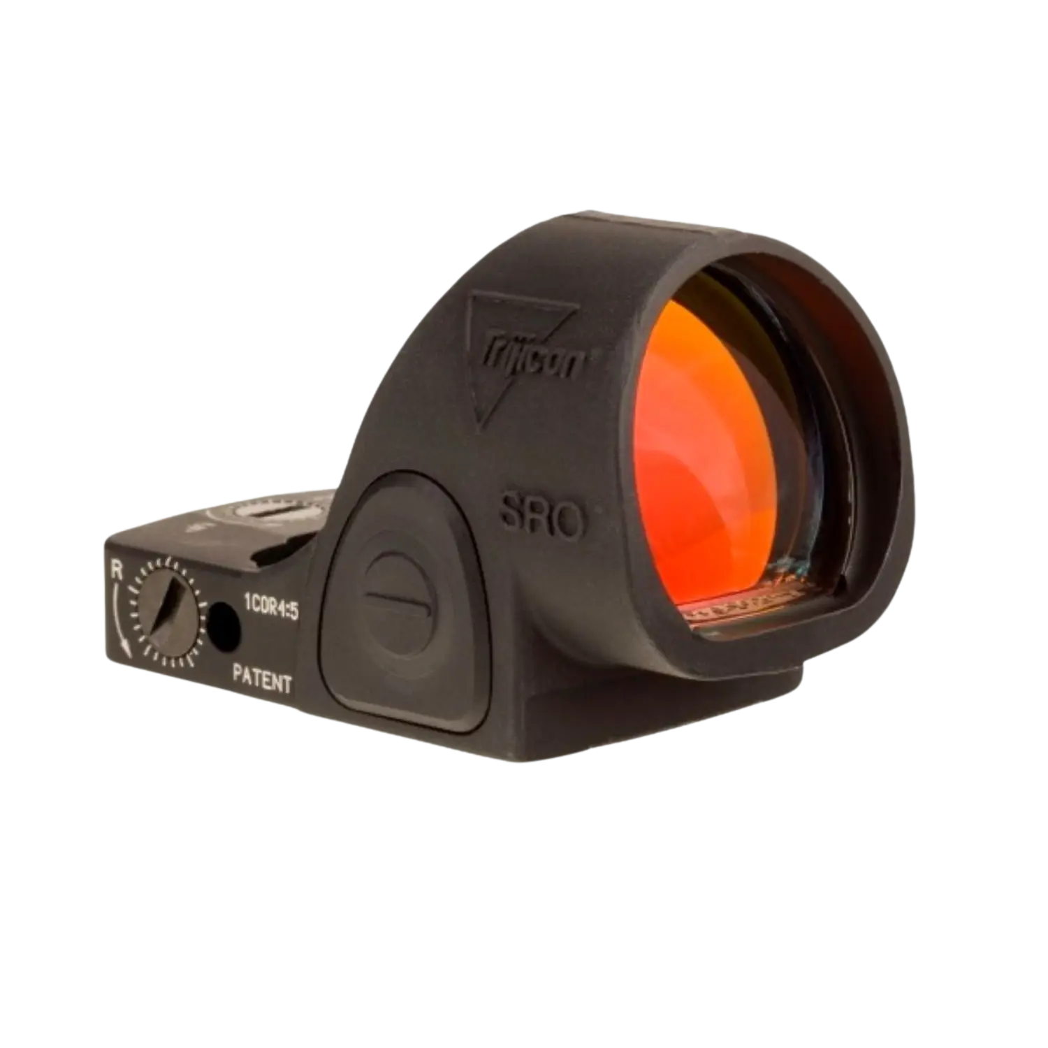 Schwarzes mattes Trijicon SRO Dot 1,0 MOA mit rotem LED-Punkt, verstellbar, mit sichtbarem Trijicon-Logo und Einstellrad.