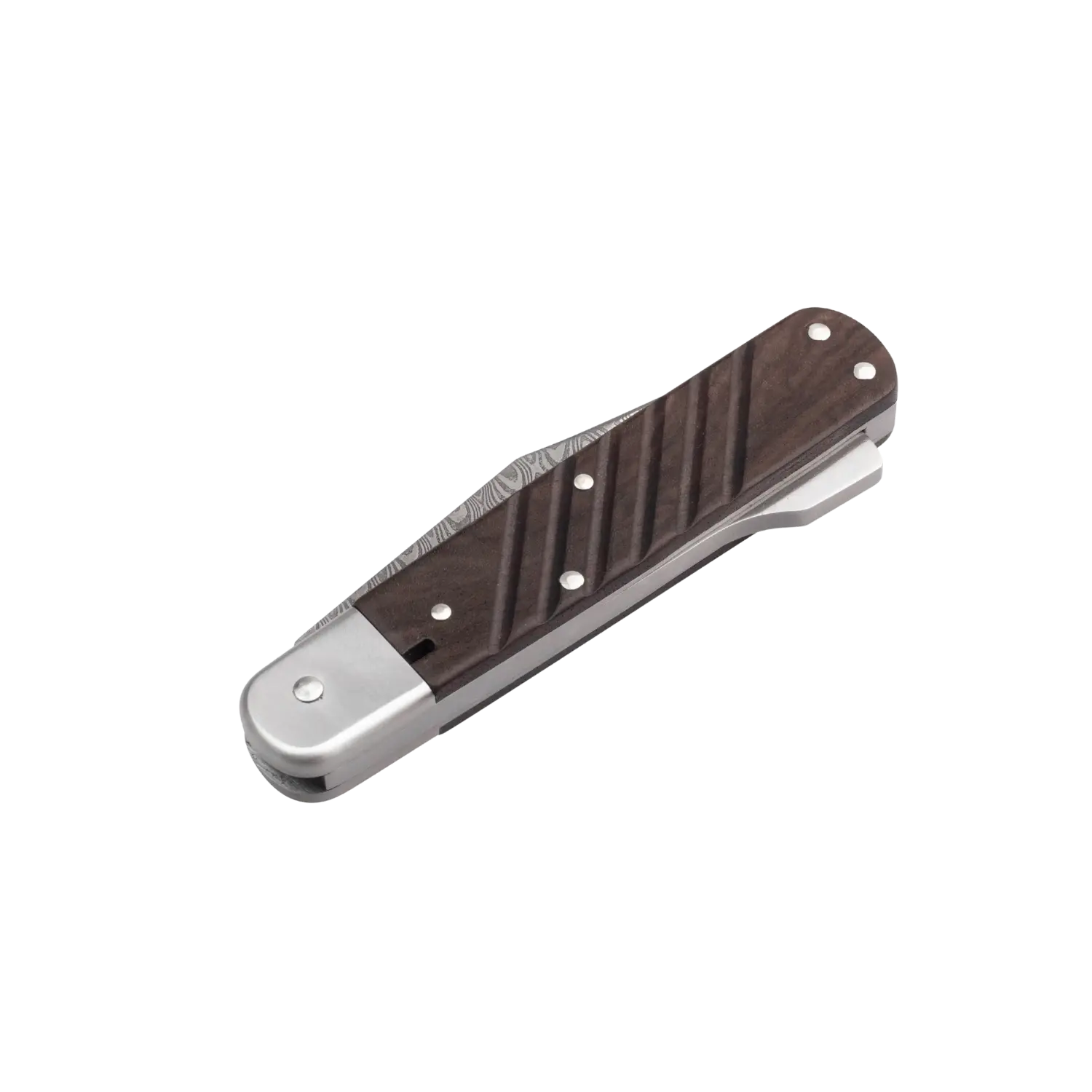 Geschlossenes Taschenmesser Böker 98K Damast mit dunkelbraunem Griff und silberner Kappe.