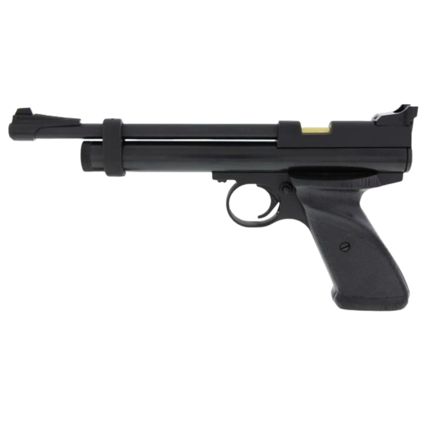 Luftpistole Crosman 2240, schwarz, mit einem langen Lauf und einem ergonomischen Griff. Abzug und Sicherung sichtbar.