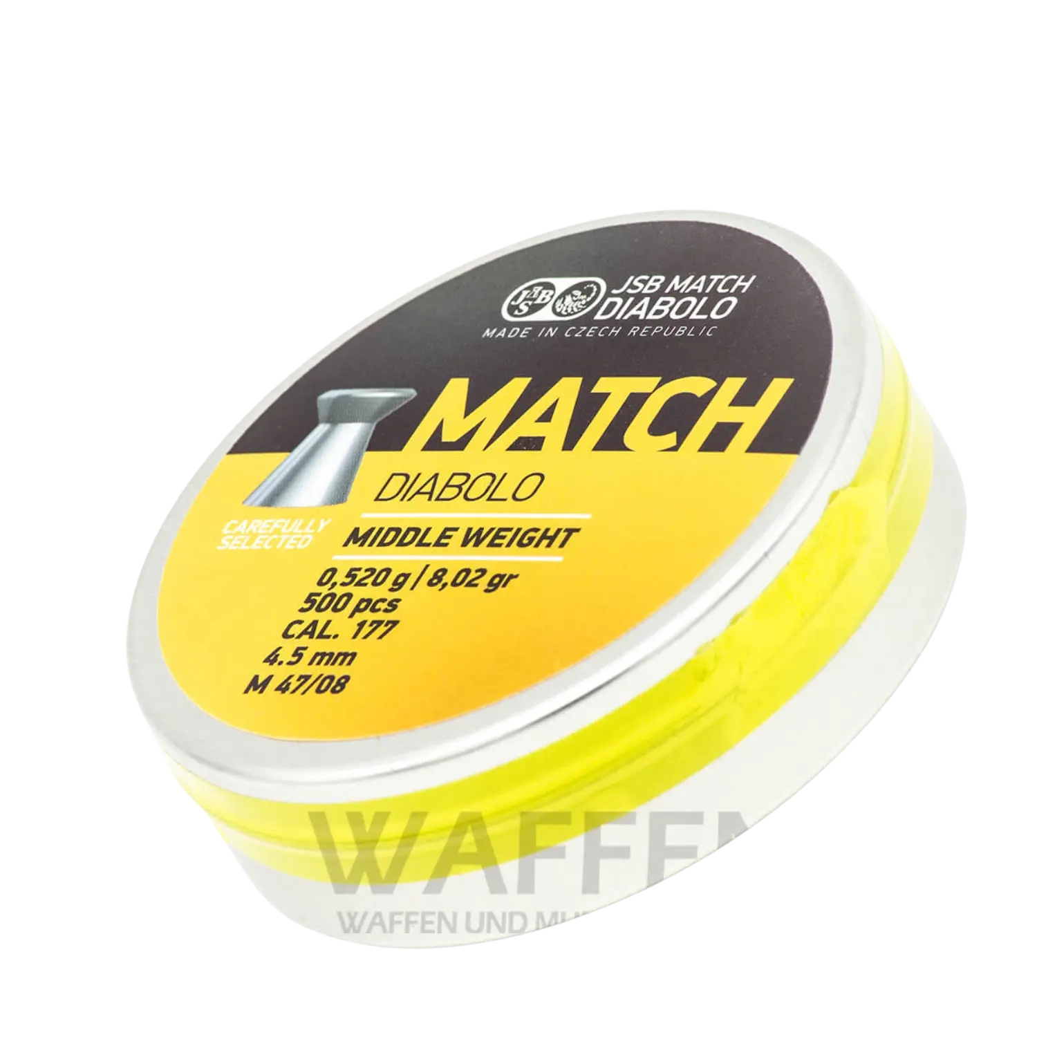 JSB Diabolo Match Mittel 4,50mm 500 STK Gewicht 0,520g Runde Dose mit gelbem Deckel, Aufschrift 'MATCH DIABOLO', enthält Diabolos Kaliber 4,5 mm, 0,52 g, 500 Stück.  Bitte über