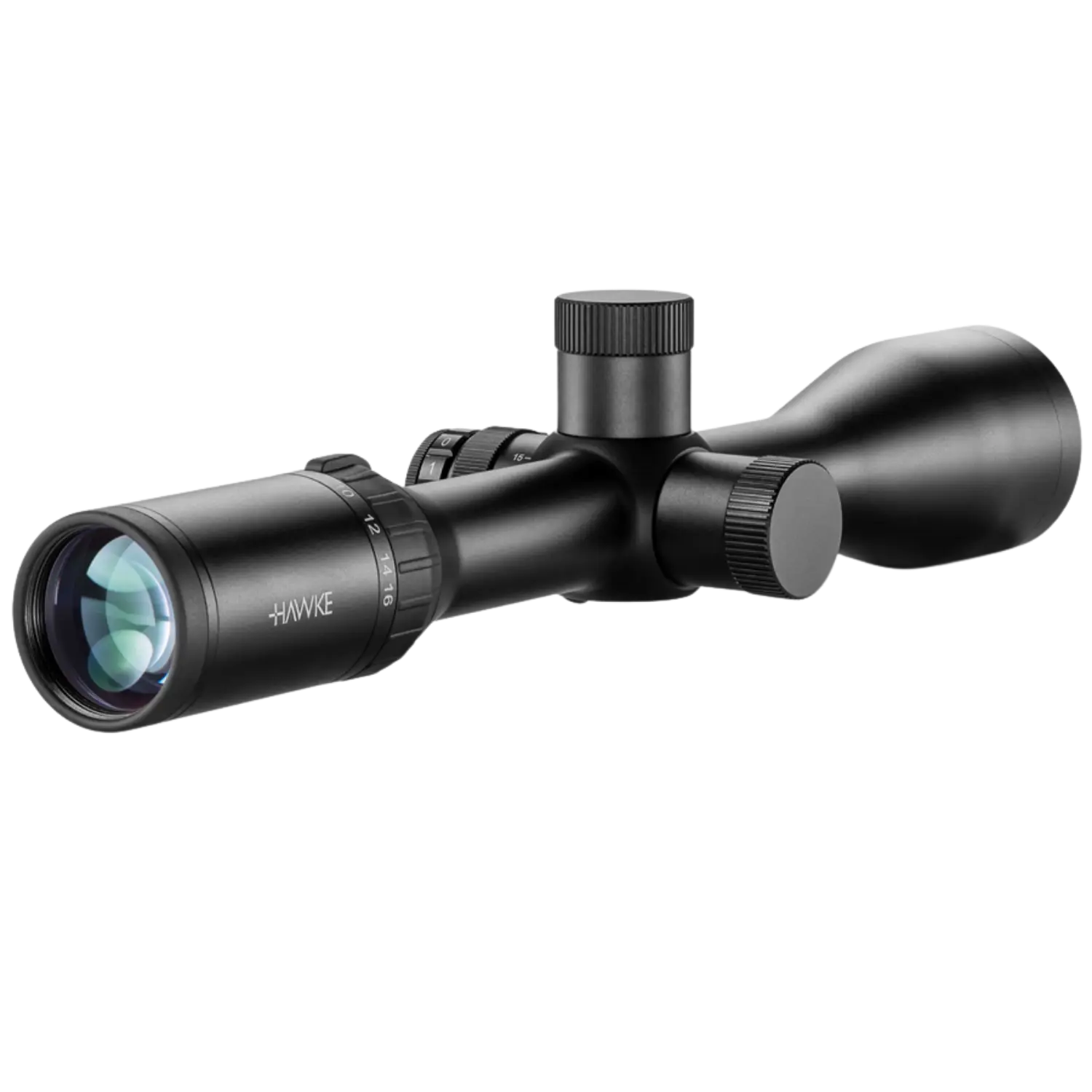Schwarzes Zielfernrohr mit drei Einstellknöpfen und sichtbarer Linse, Marke Hawke.