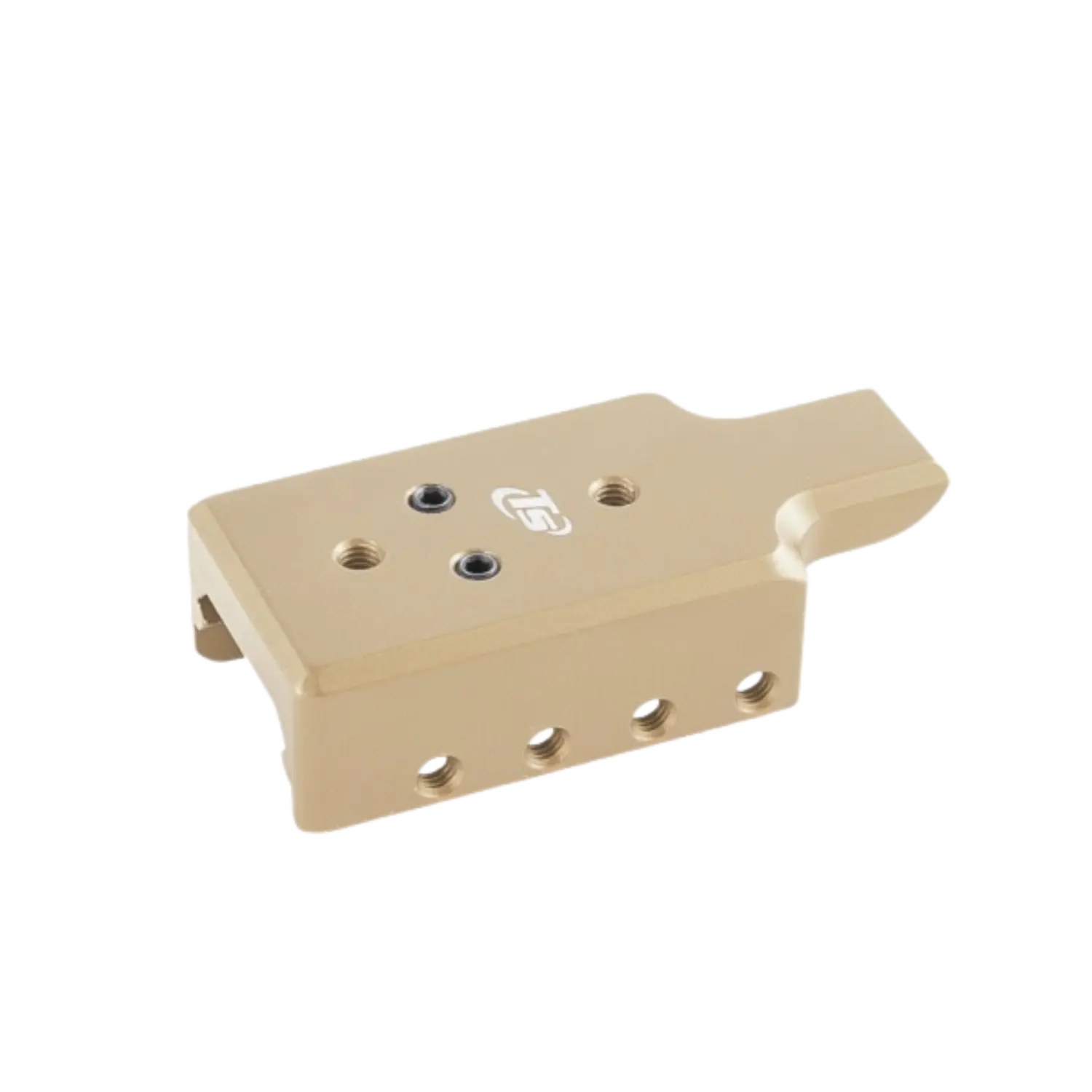 Sandfarbiges Aluminium-Laufgewicht von Toni System für Glock 17 mit mehreren Bohrungen und eingraviertem Logo.