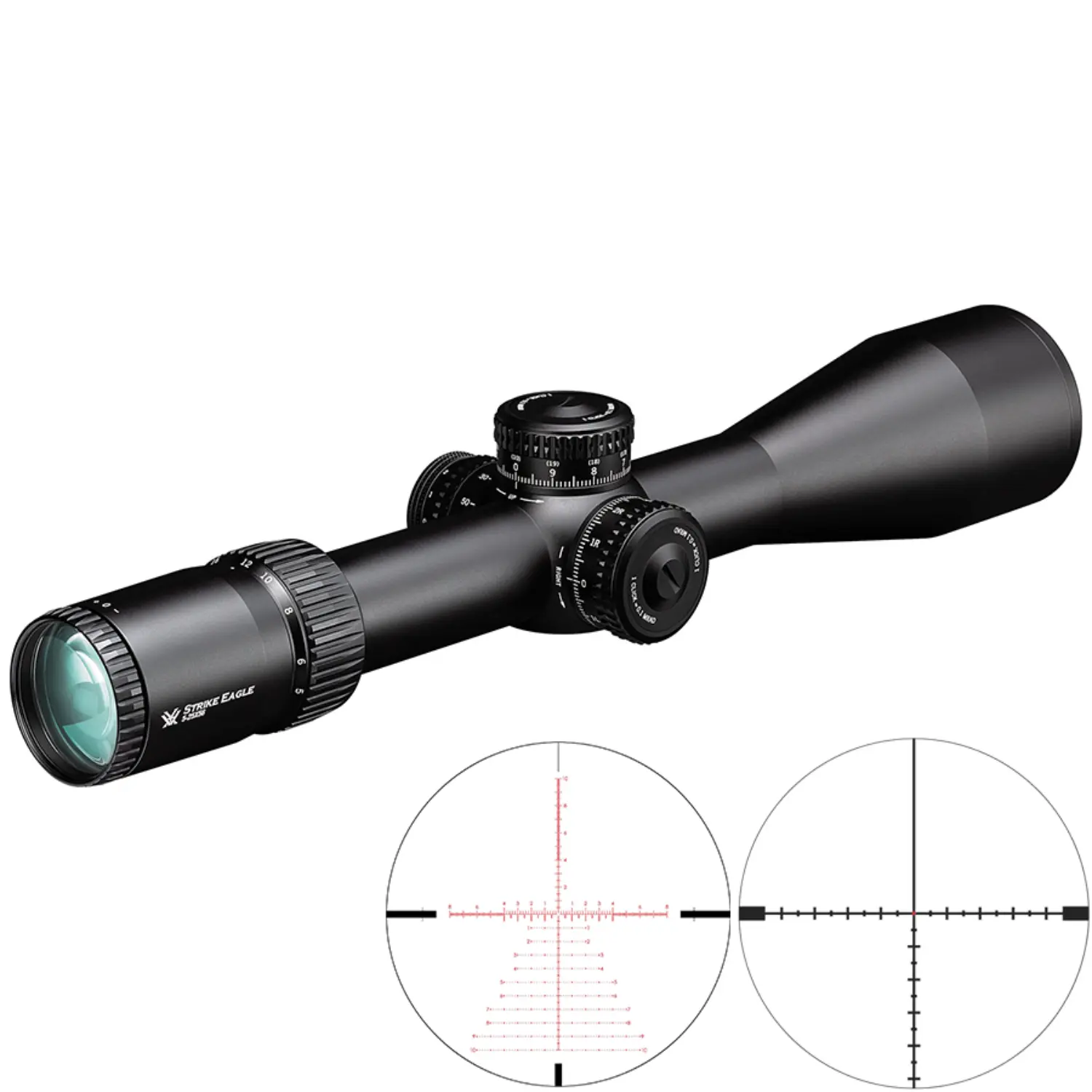 Vortex Strike Eagle Zielfernrohr 5-25x56 FFP, schwarzes Zielfernrohr mit Einstelltürmen und zwei verschiedenen Absehen, eines mit roten Markierungen, eines schlicht schwarz.