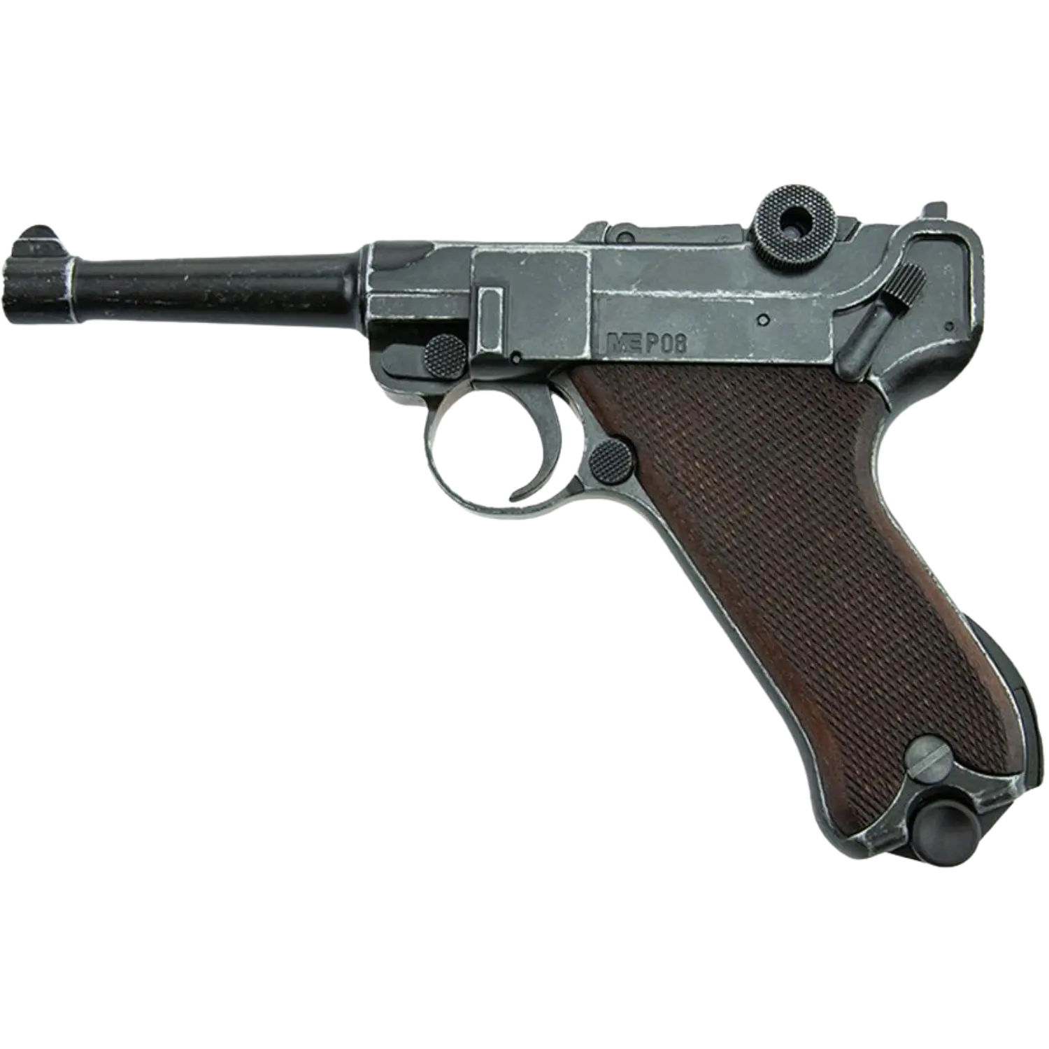 ME P08 Schreckschusswaffe 9mm antik-look mit Holzgriff Schreckschusspistole ME P08, antik, mit braunem Griff und schwarzem Metallkörper, seitliche Ansicht, sichtbare Abzug und Sicherung.