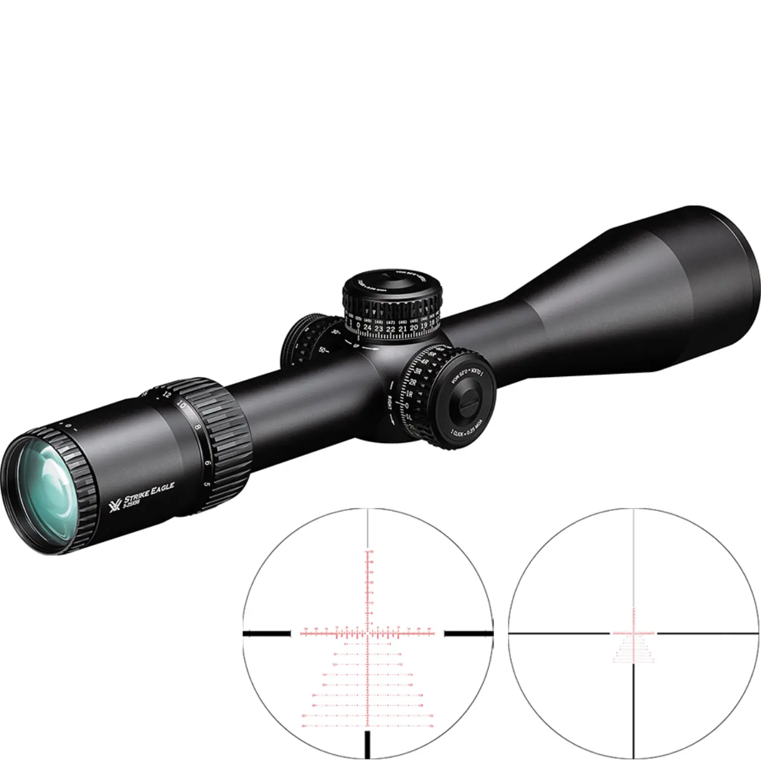 Vortex Strike Eagle Zielfernrohr 5-25x56 FFP EBR-7C MOA Vortex Strike Eagle Zielfernrohr 5-25x56 in schwarzem Gehäuse mit Einstelltürmen und zwei Zielscheibenansichten mit Fadenkreuz und roten Markierungen.