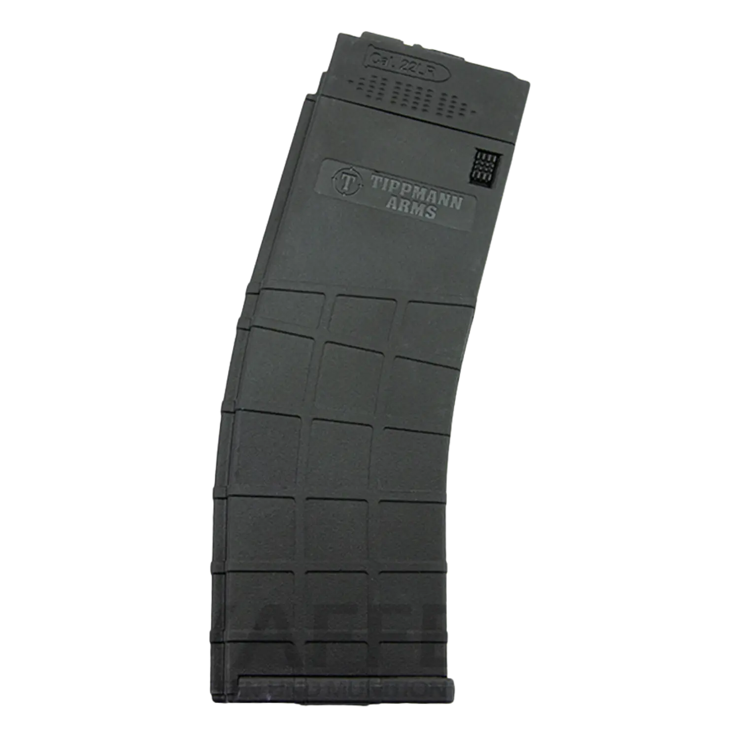 Tippmann M4-22 Kaliber .22lr 25-Schuss Magazin Schwarzes, gebogenes Magazin mit Rastermuster und Aufschrift 'Tippmann Arms' auf der Seite.