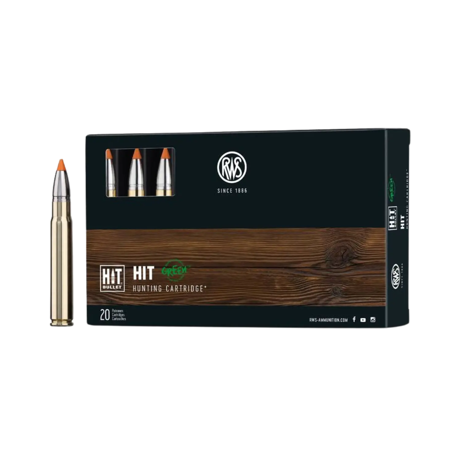 Jagdmunition RWS 9,3x62 HIT GREEN 250grs bleifreie Teilzerleger RWS HIT Green Jagdpatronen mit orangefarbenen Geschossspitzen, Verpackung mit Holzmaserung und schwarzem Oberteil, 20 Stück