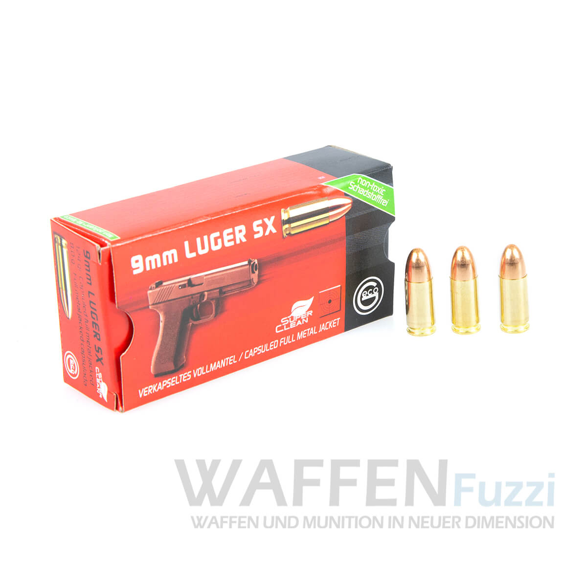 Geco-9mm-Luger-SX-124gr-Schadstofffrei Geco 9mm Verkapseltes Vollmantel Rundkopf 124grs 50 Schuss Non-Toxic