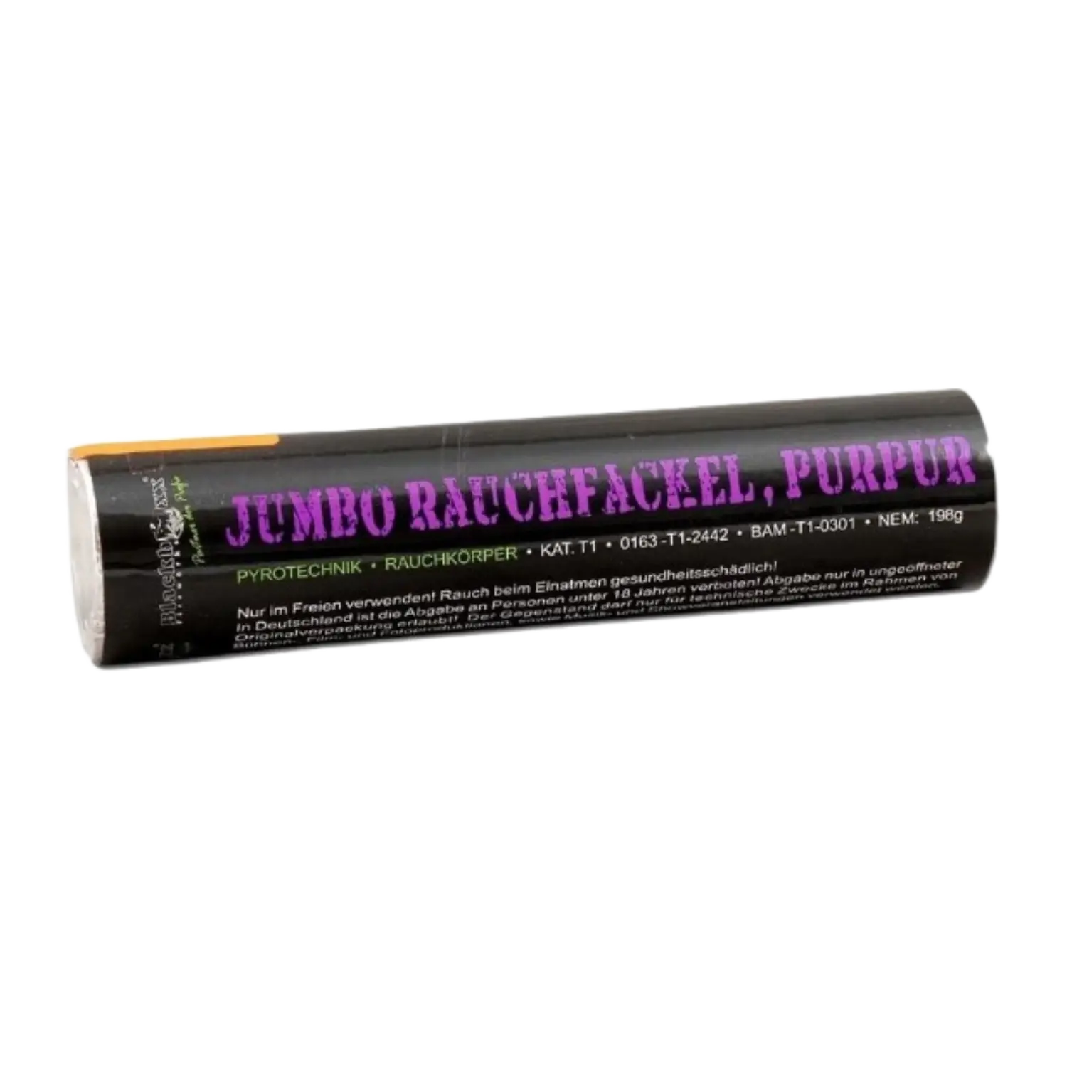 Jumbo Rauchfackel Purpur 100Sek. Zylinderförmige Pyrotechnik mit schwarzer Hülle und lila Schrift 'JUMBO RAUCHFACKEL, PURPUR'.