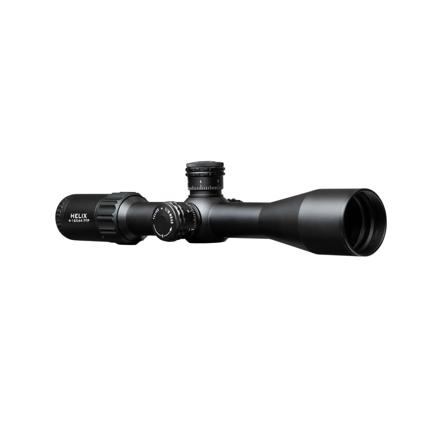 Element Optics Zielfernrohr Helix 4-16x44 APR-1C MOA FFP Schwarzfarbige Zielfernrohr mit einem langen, schlanken Körper, einem großen Objektiv und einem verstellbaren Okular. Auf der Seite befindet sich ein Drehknopf.