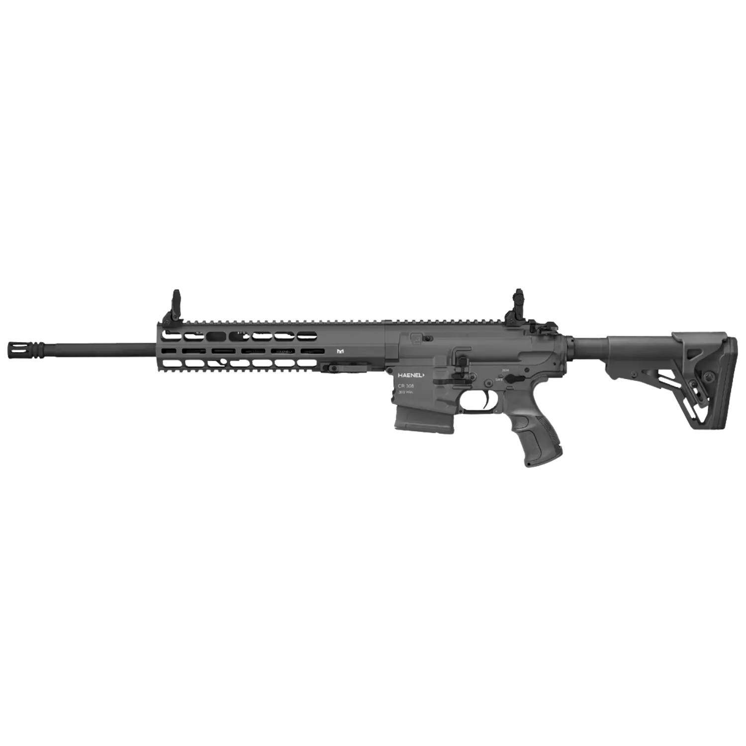 Haenel CR308 Gewehr in Schwarz, linksseitige Ansicht, mit langem Lauf, Picatinny-Schiene und verstellbarer Schulterstütze.