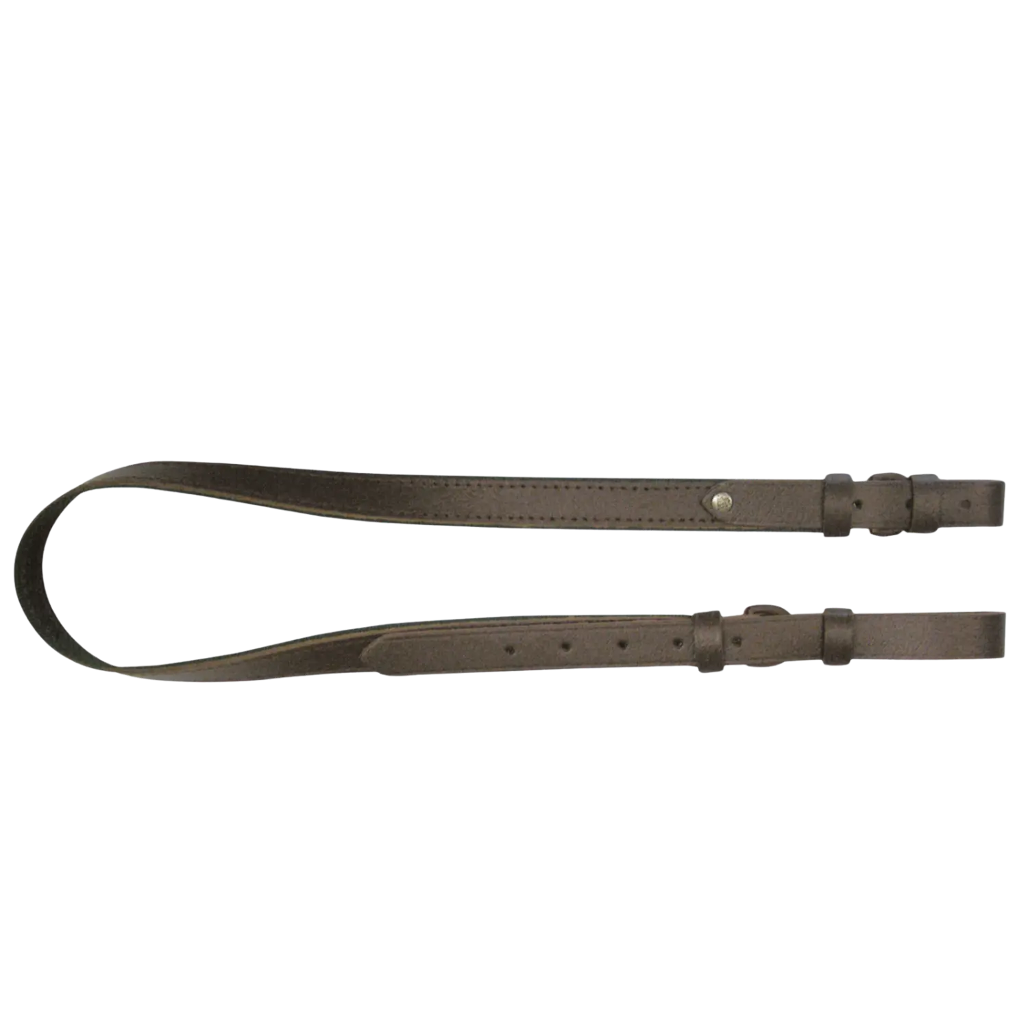 AKAH Gewehrriemen aus Rindvachetteleder Brauner Ledergewehrriemen mit verstellbaren Schnallen und Metallnieten, flach liegend dargestellt.