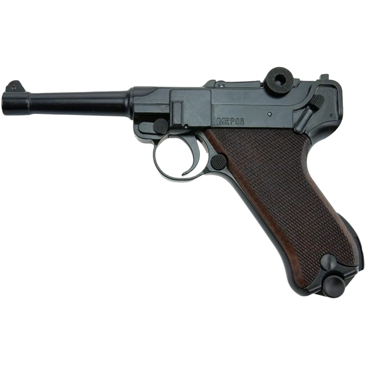 ME P08 Schreckschusswaffe 9mm brüniert mit Holzgriff Schreckschusswaffe MEP08 mit braunem Griff und brüniertem Lauf