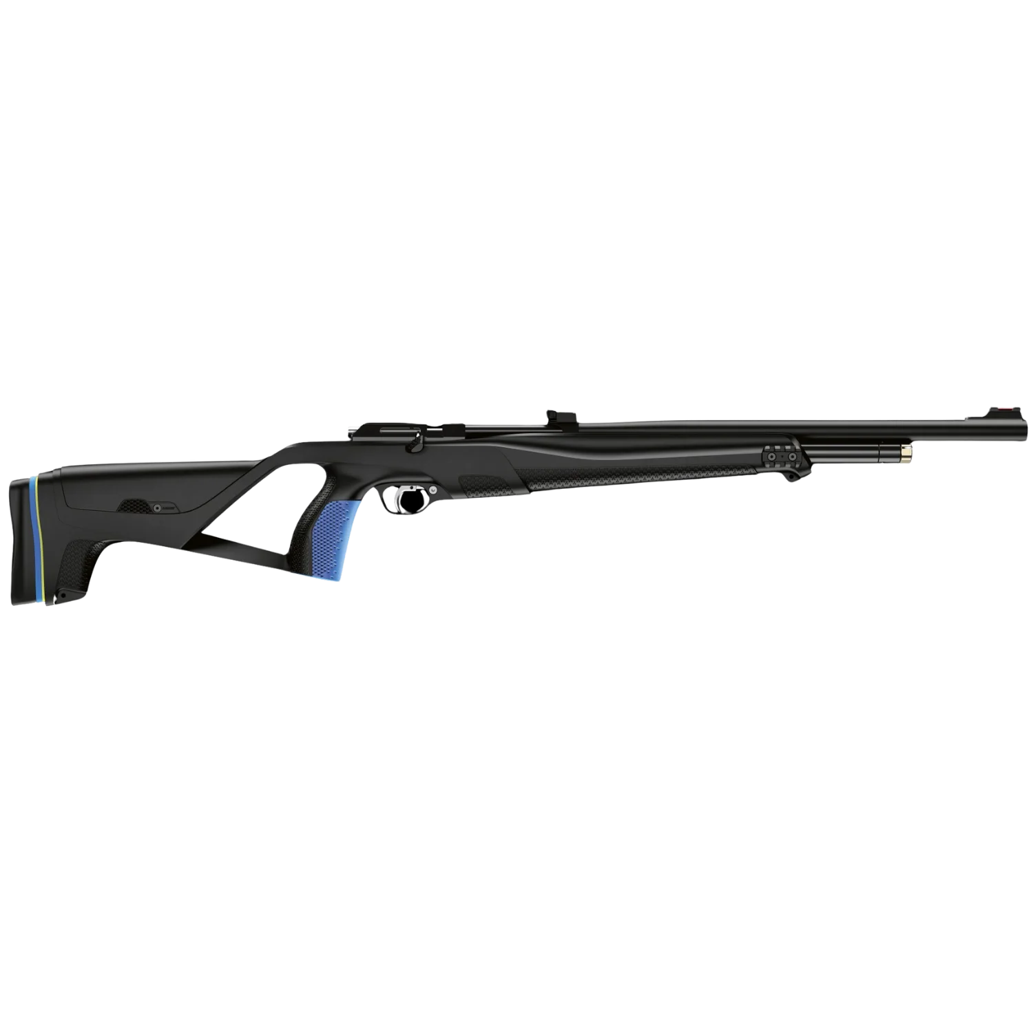 Stoeger XM1 S4 Pressluftgewehr in schwarzem und blauem Design, seitliche Ansicht, mit langem Lauf und ergonomischem Griff.