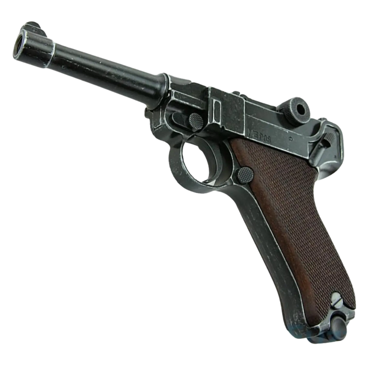 Schreckschusswaffe vom Typ ME P08, antike Ausführung, mit schwarzem Metallkörper und braunem Griff, sichtbar sind der Lauf und der Abzug.