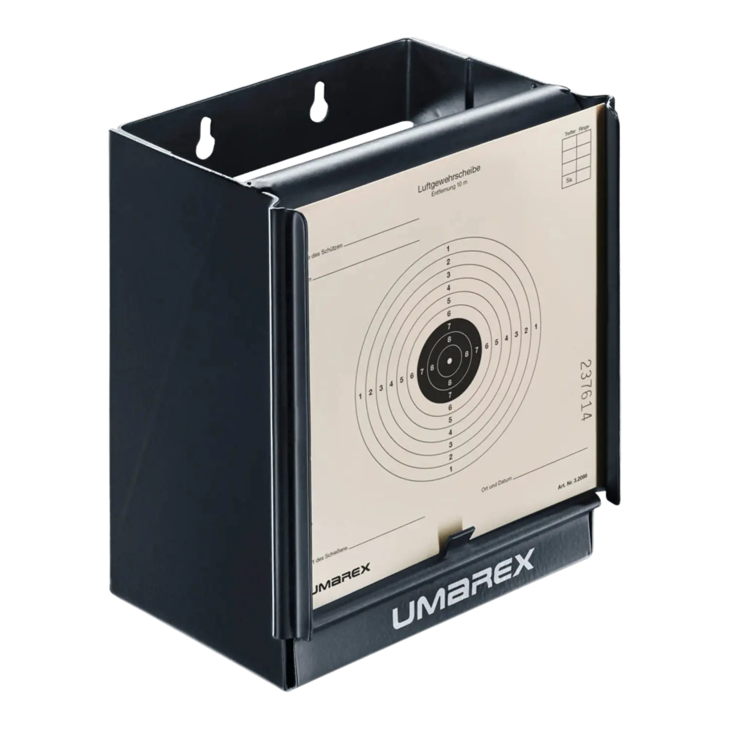 Schusskasten von Umarex, rechteckige Form, schwarz, mit Zielscheibe im Inneren, zeigt konzentrische Kreise und Punktzahlen.