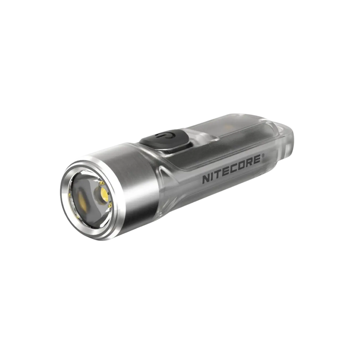 Kleine Taschenlampe der Marke Nitecore mit transparentem Gehäuse und Ein-/Ausschalter oben