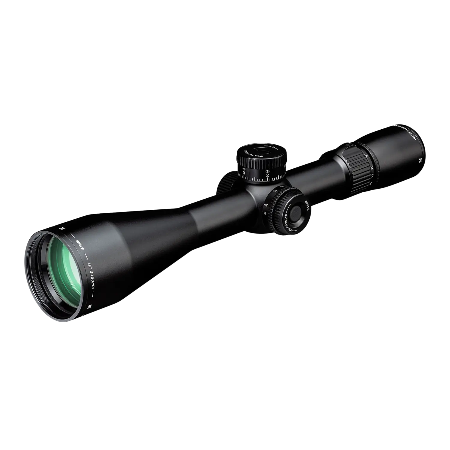 Vortex Razor LHT 3-15x50 Zielfernrohr, schwarz, mit grünem Objektiv, verstellbaren Turm und Fokussiermechanismus.
