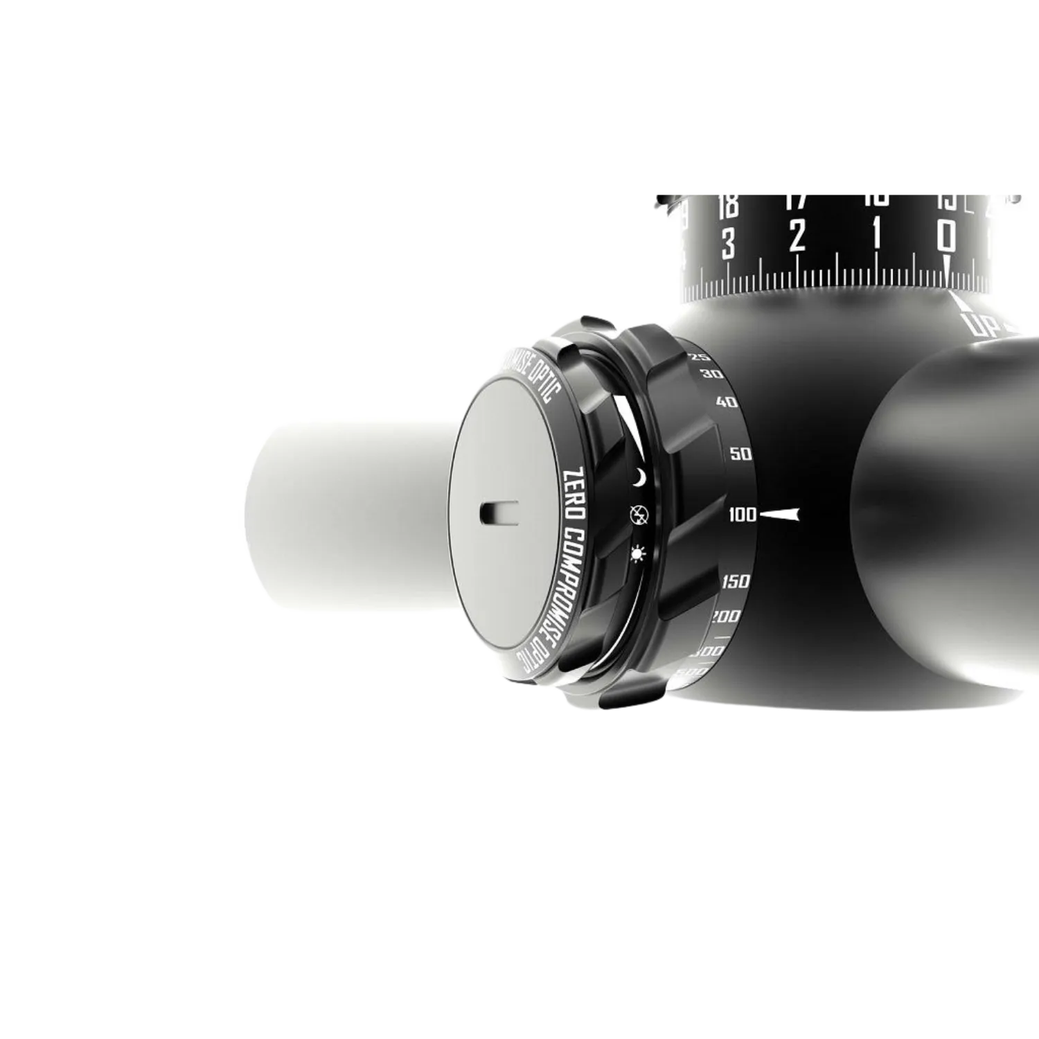 Zero Compromise Optic Zielfernrohr 5-27x56 ZC527 10 MIL sperrbar MPCT2X ZC527 para, ein schwarzer Zielfernrohr-Drehknopf mit Markierungen von 0 bis 100 und der Aufschrift 'ZERO COMPENSATION'.
