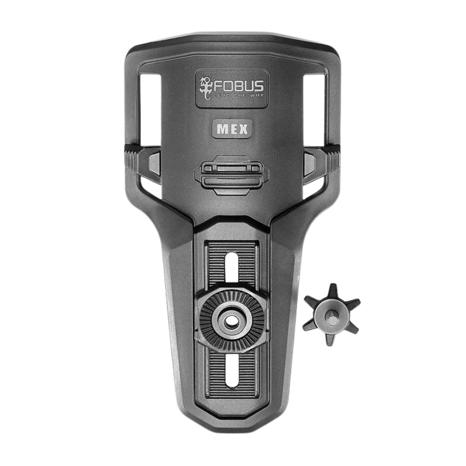 Schwarzer Forbus Holster MEX mit verstellbarem Riemenclip und separatem sechszackigem Befestigungsstern auf weißem Hintergrund.