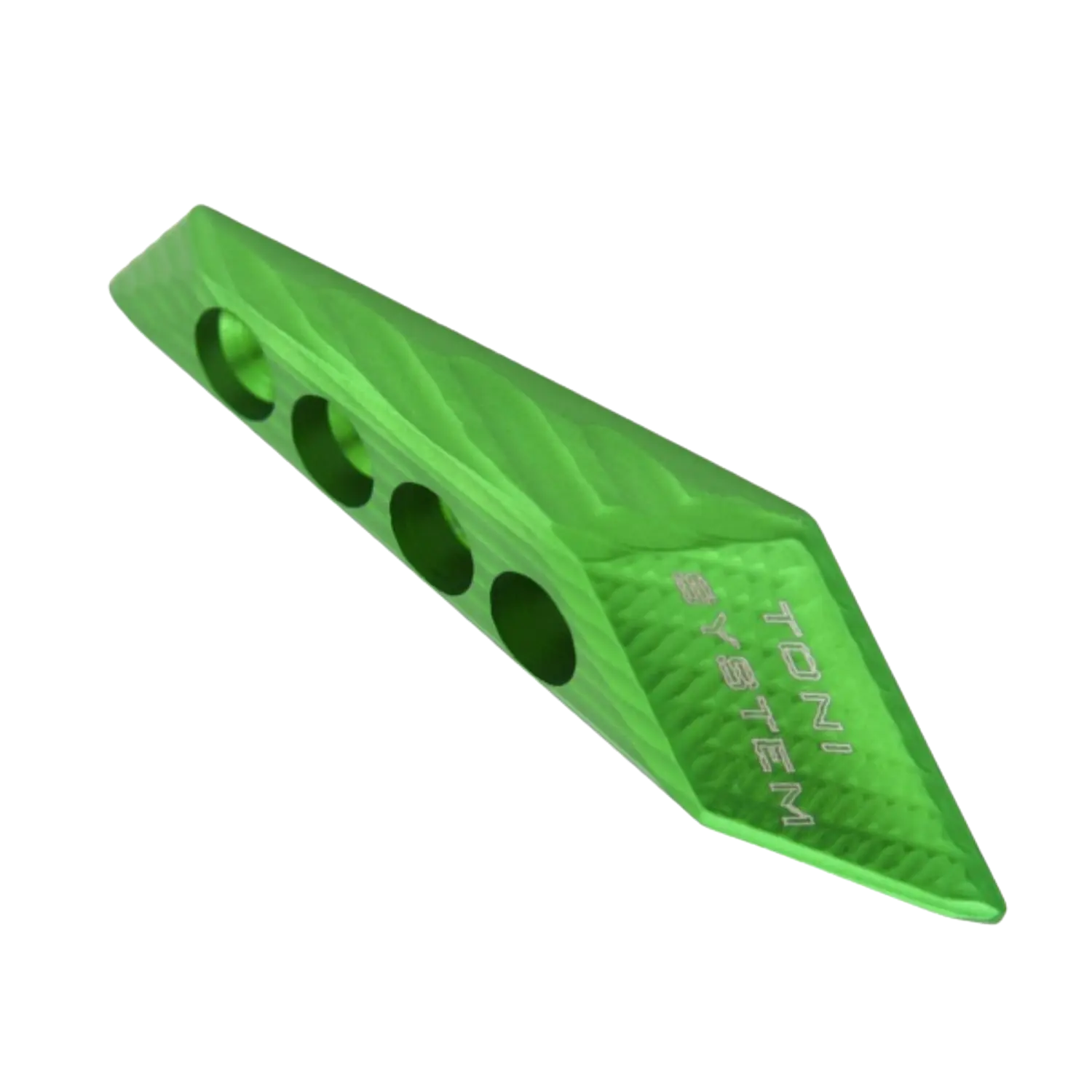 Grüner Thumbrest mit vier runden Aussparungen und der silbernen Aufschrift 'TONI SYSTEM' auf der Oberfläche.