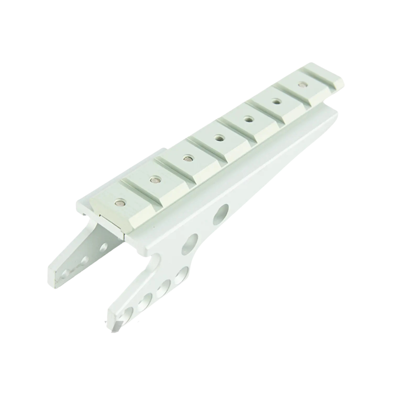 Montage Beidseitig + Weaver Base für Tanfoglio Kurzwaffe AO003 Weißes Metallgestell mit rechteckiger Schiene und mehreren runden Löchern, zwei seitliche Arme mit weiteren Löchern