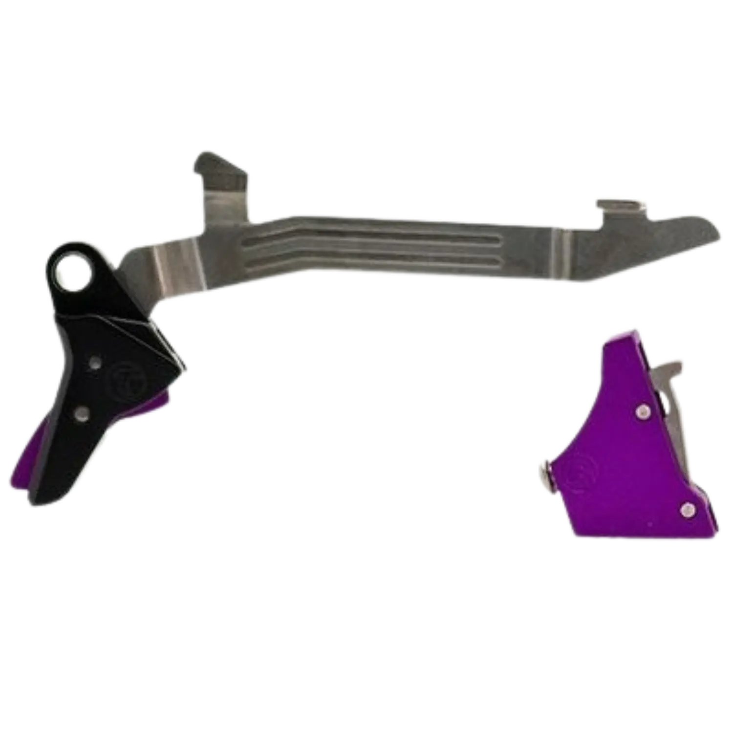 Timney Alpha Abzug für Glock 3-4 Large Purple Metallischer Abzug mit zwei Teilen, ein längliches, gebogenes Teil mit zwei Befestigungen und ein kleineres, lila Teil mit Schraube und schwarzem Hebel.