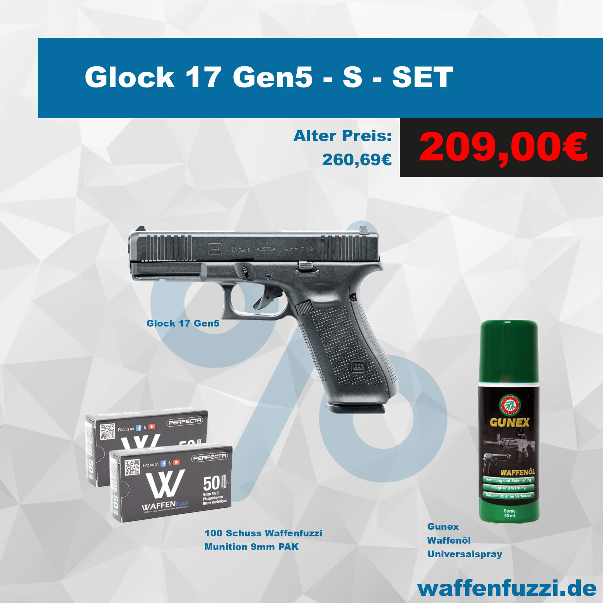 Glock 17 Gen5 Schreckschusspistolen Set "S" Kaliber 9mm PAK Glock 17 Gen5 Schreckschusspistolen Set "S" Kaliber 9mm PAK