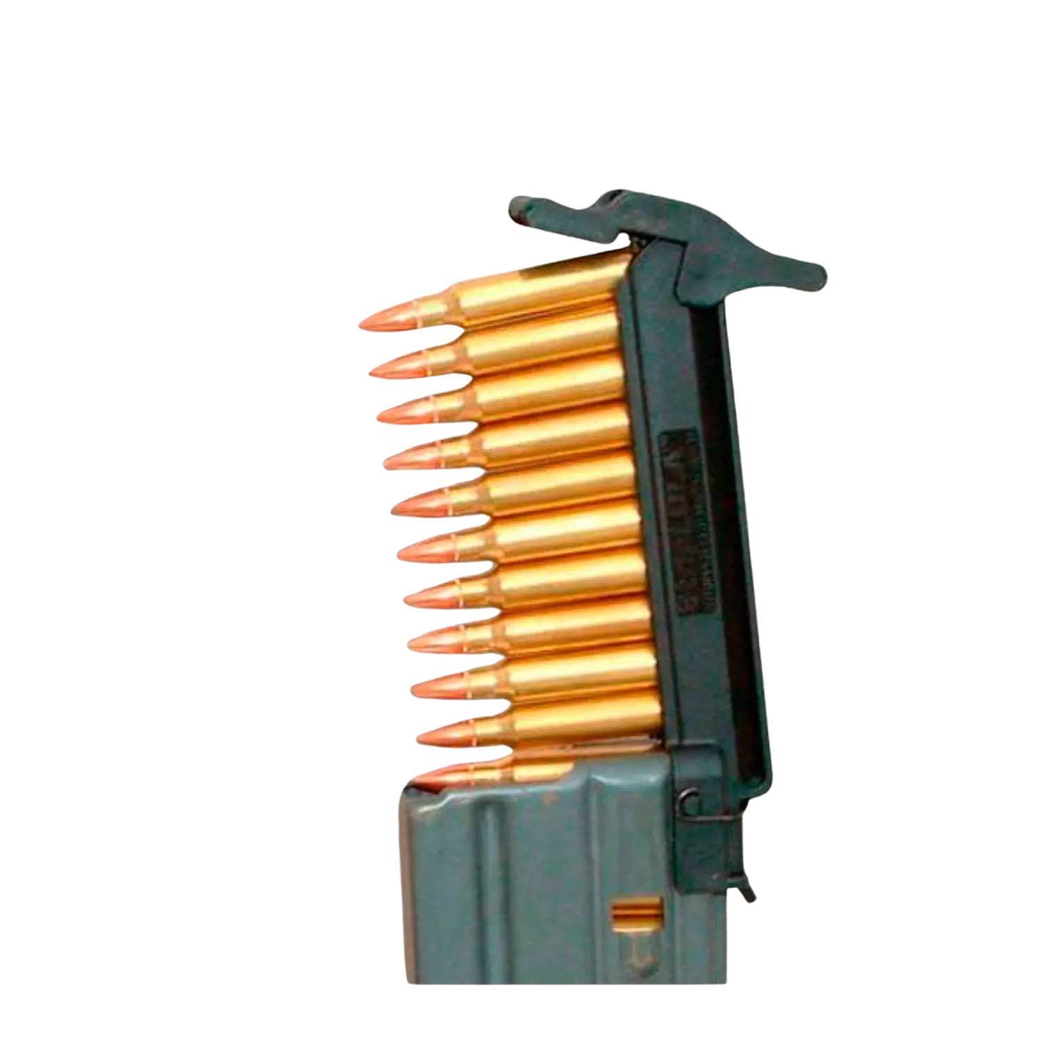 Maglula Striplula Magazinlader mit mehreren Patronen in einer Reihe, schwarzer Griff und Metallgehäuse.