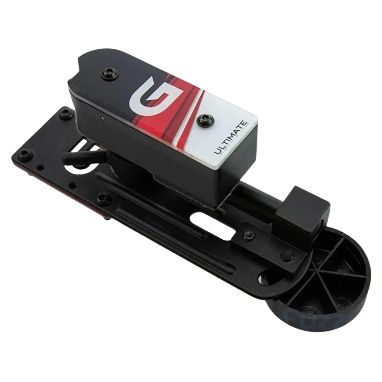 Schwarzes Ghost Holster Ultimate Evo 2011 mit rotem und weißem Logo, bestehend aus Halterung und Befestigungselementen.